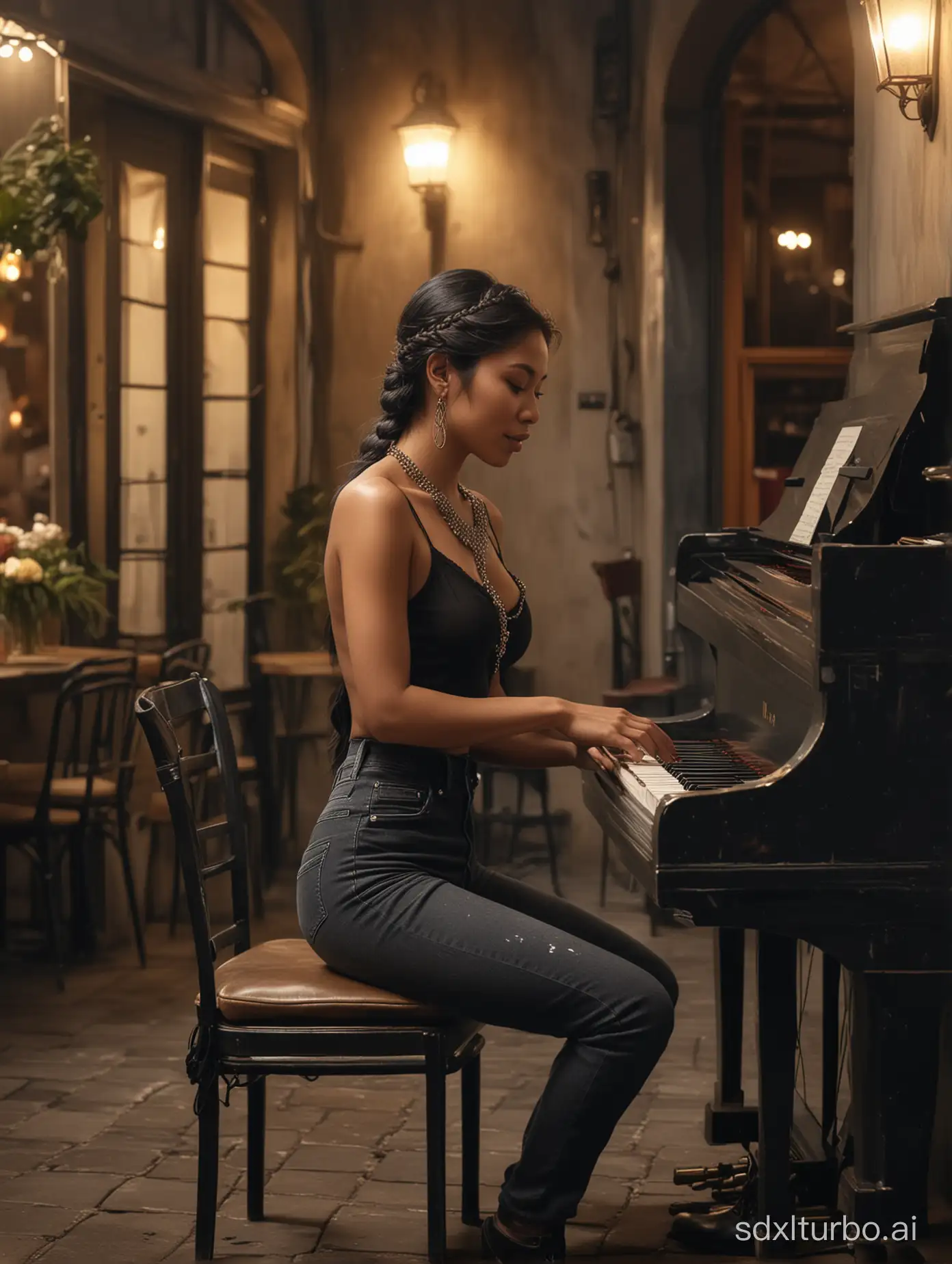 Indonesian-Woman-Playing-Jazz-Piano-in-Dimly-Lit-Luxury-Outdoor-Caf