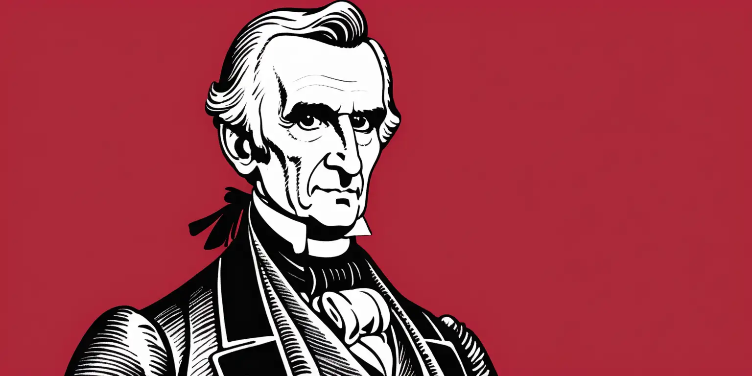 cartoon of James Knox Polk with a solid red background