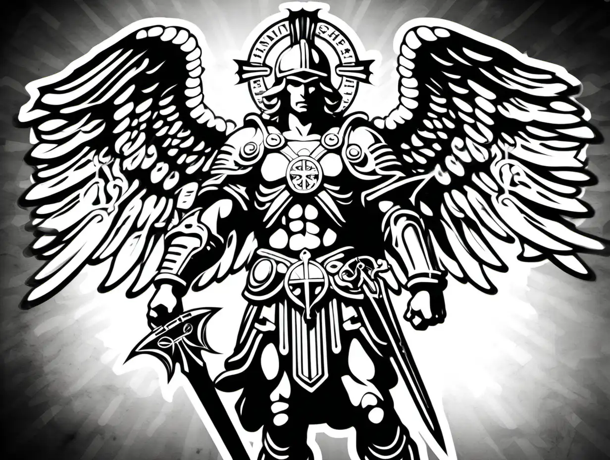 Saint michael, badass warrior, black and white, white background, stencil 