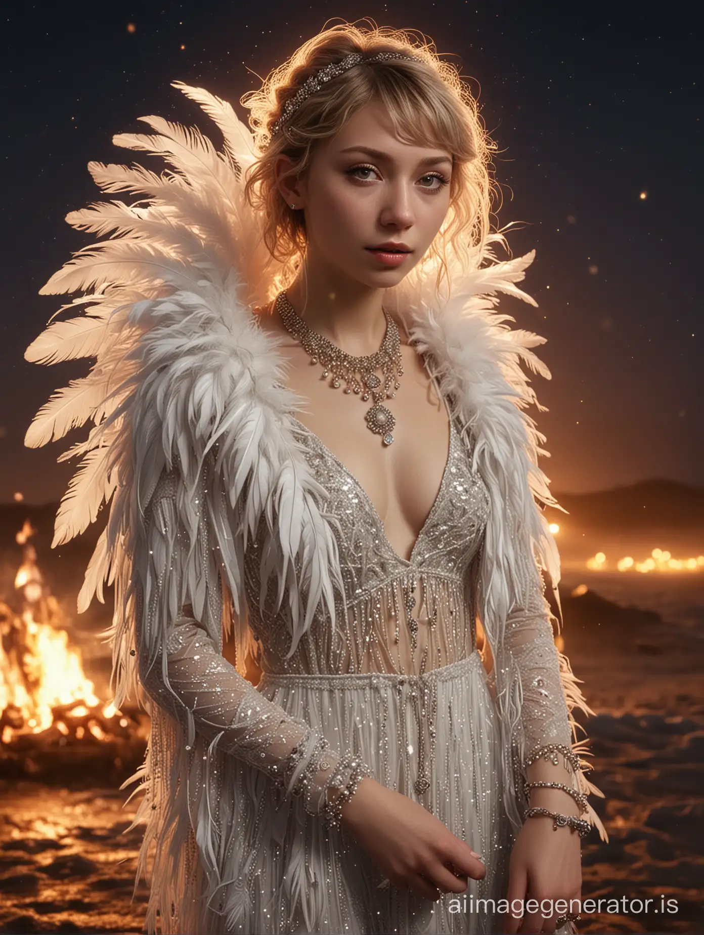 Tavi-Gevinson-Dances-with-Feathers-and-Jewelry-on-Beach-at-Night-by-Fire