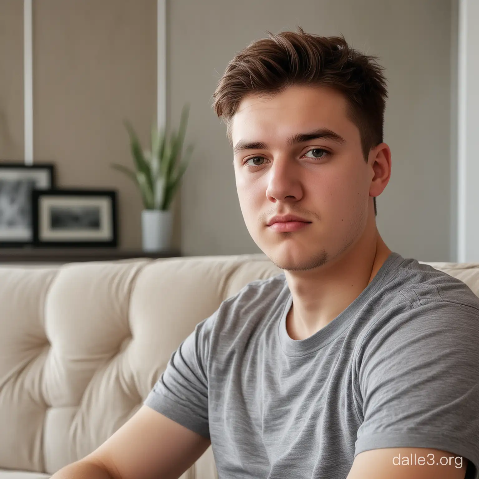 A 20 year old man with a slightly chubby face is sitting  on the sofa in the background of a luxury house, real sharp original photo UHD 32K