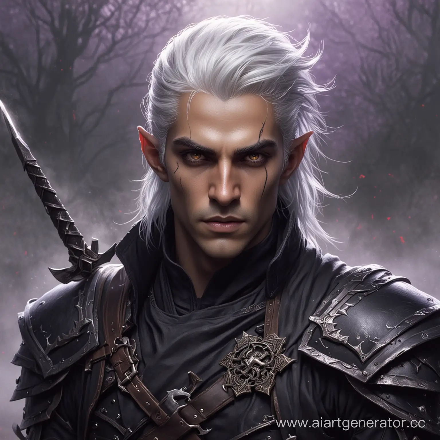 Темный эльф, мужчина, белые волосы, карие глаза, острые черты лица, черная боевая одежда, фиолетовые кинжалы из тумана, темная кожа