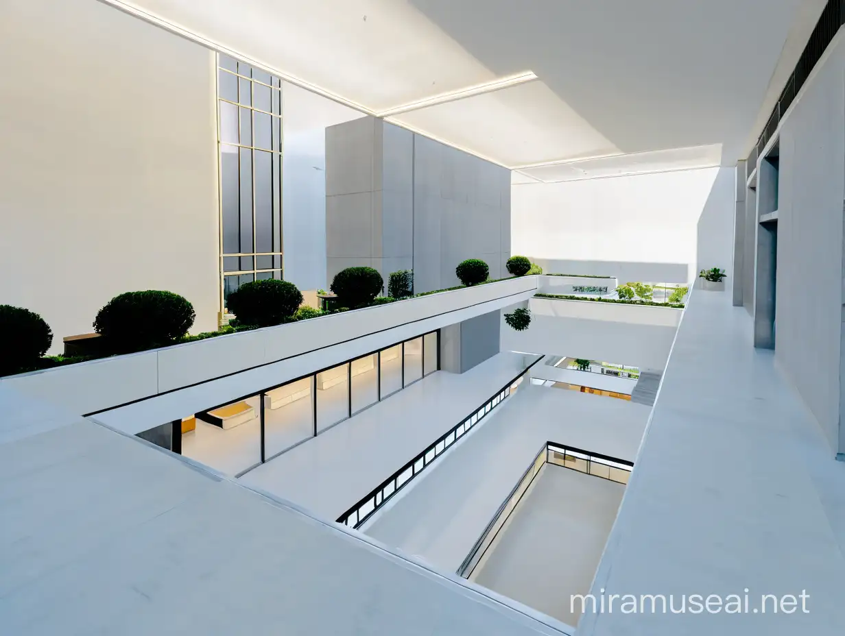 Interior shot of a Skyscraper with an open floor plan that leads to the outside, lots of public space with greenery, central core, Higher floors look to down into lower floors, concrete steel and glass materials, good lighting, photogenic, golden hour, no exterior walls, no walls around  openings in floors