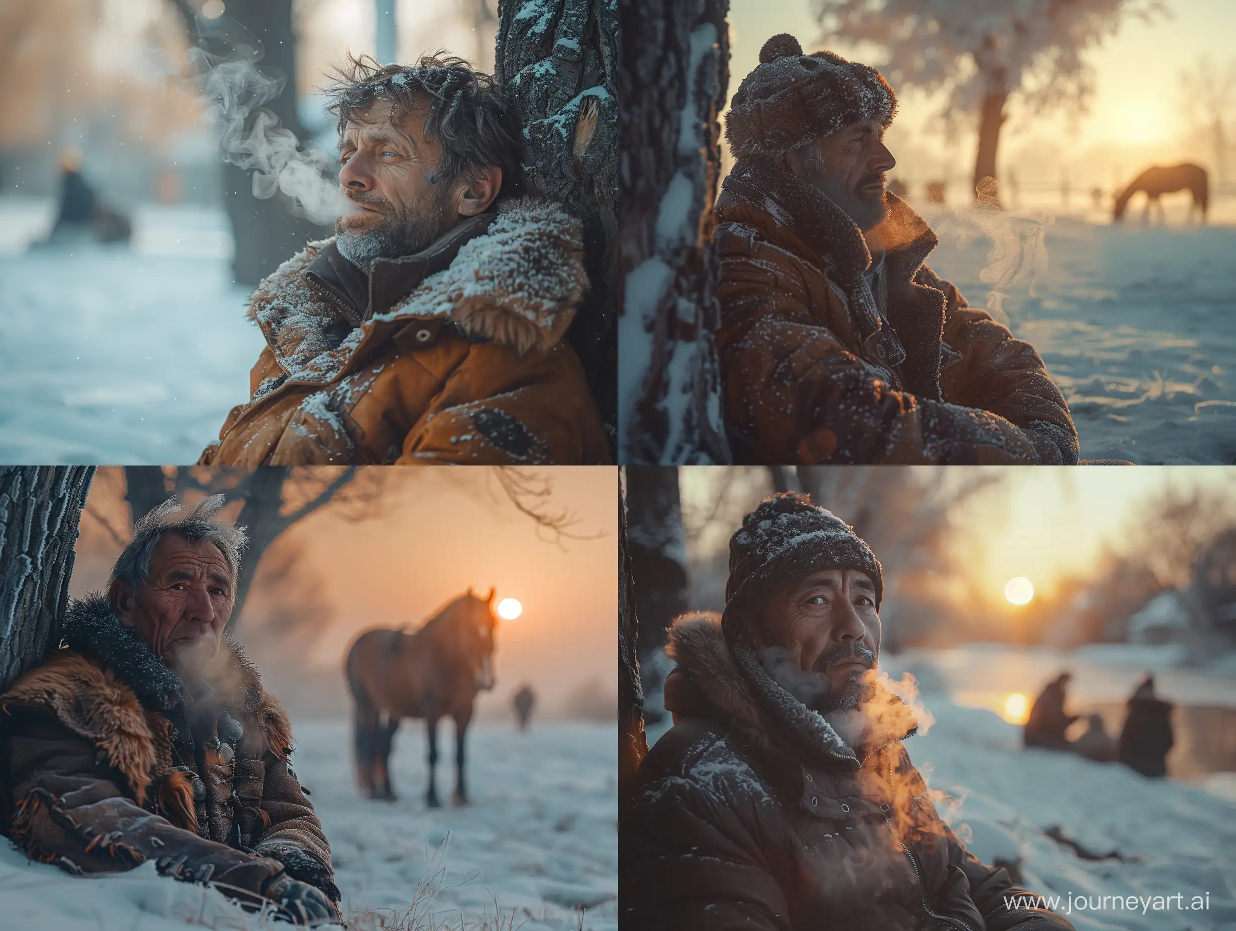 realistic portrait  man sits by a tree with steam coming out of his mouth landscape snow in western countries people horse  focushighly detailed --style raw --stylize 750  --v 6