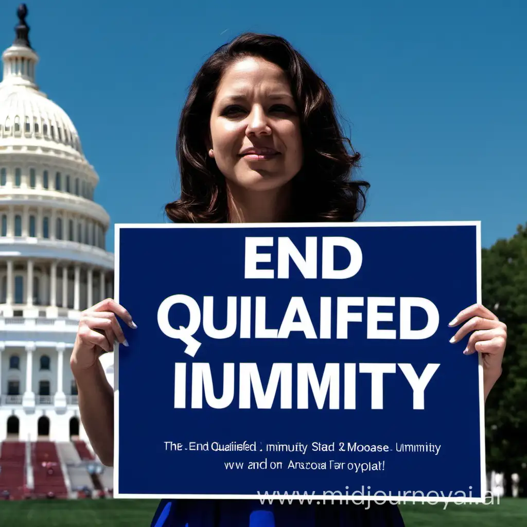 generate a hopeful image with woman wearing blue and holding a sign that says "end qualified immunity" with capitol far in the background

