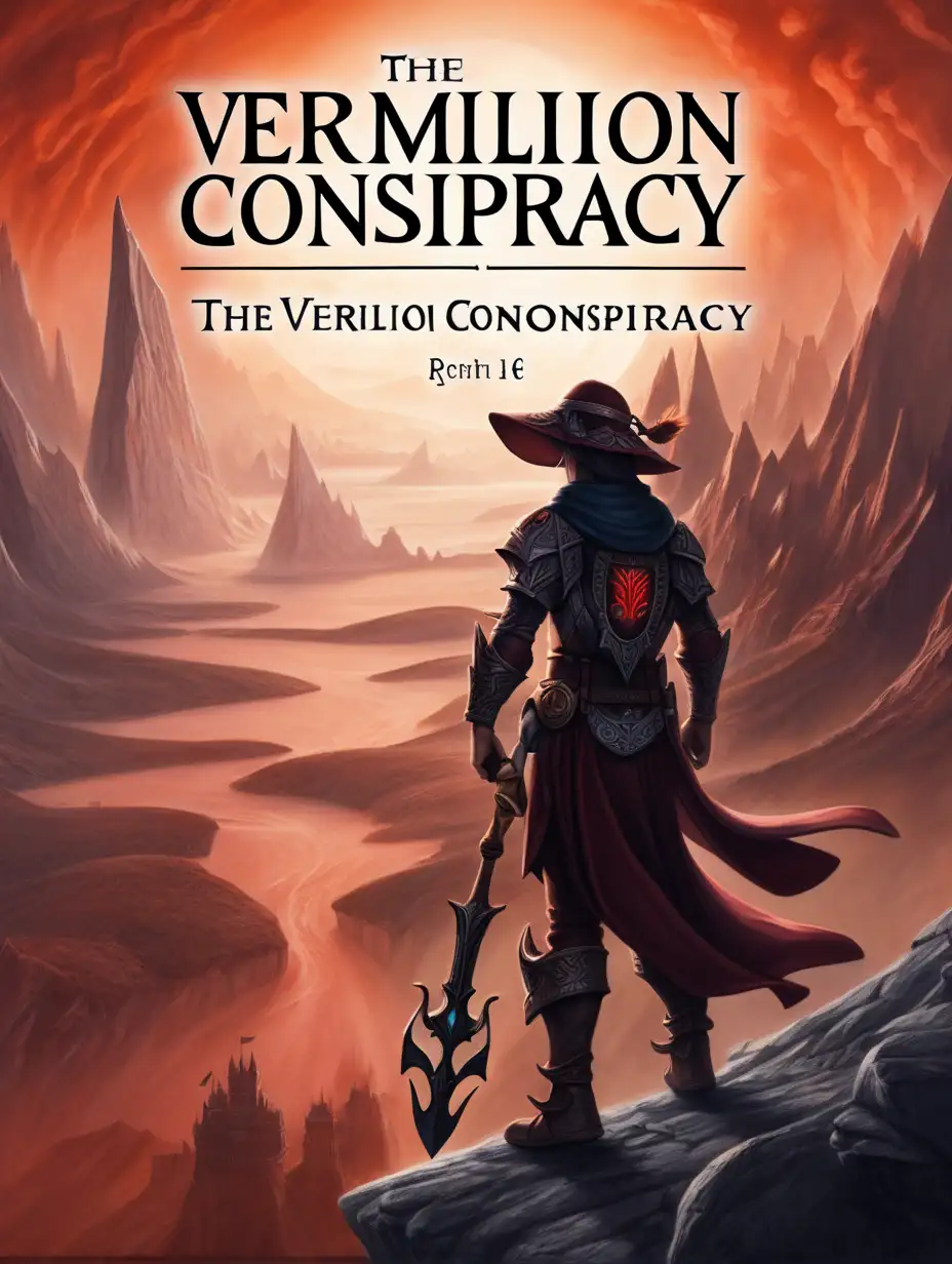 stylized text that reads "The Vermilion Conspiracy", high fantasy, adventure, book cover, 