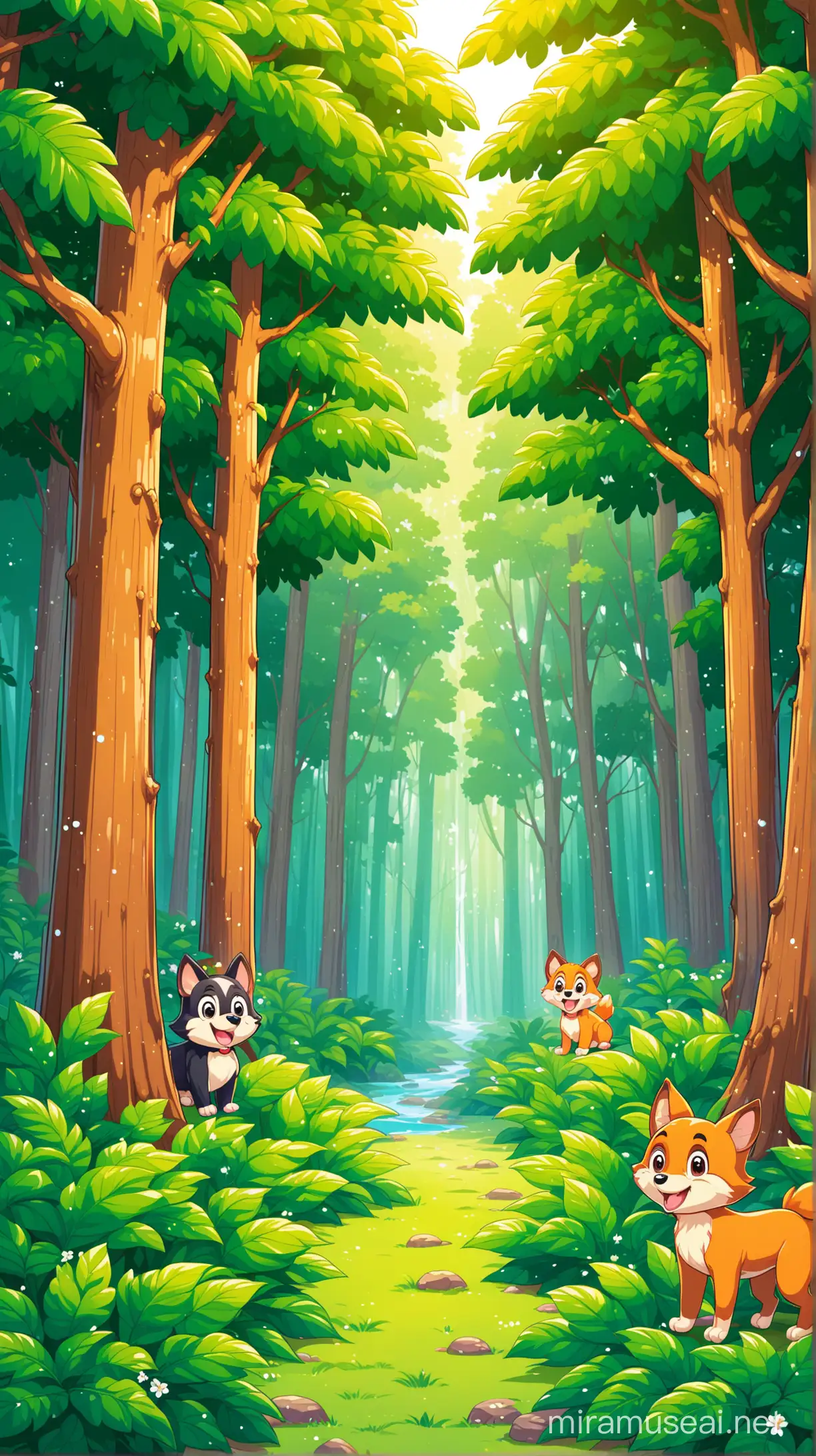 latar belakang kartun di tengah hutan