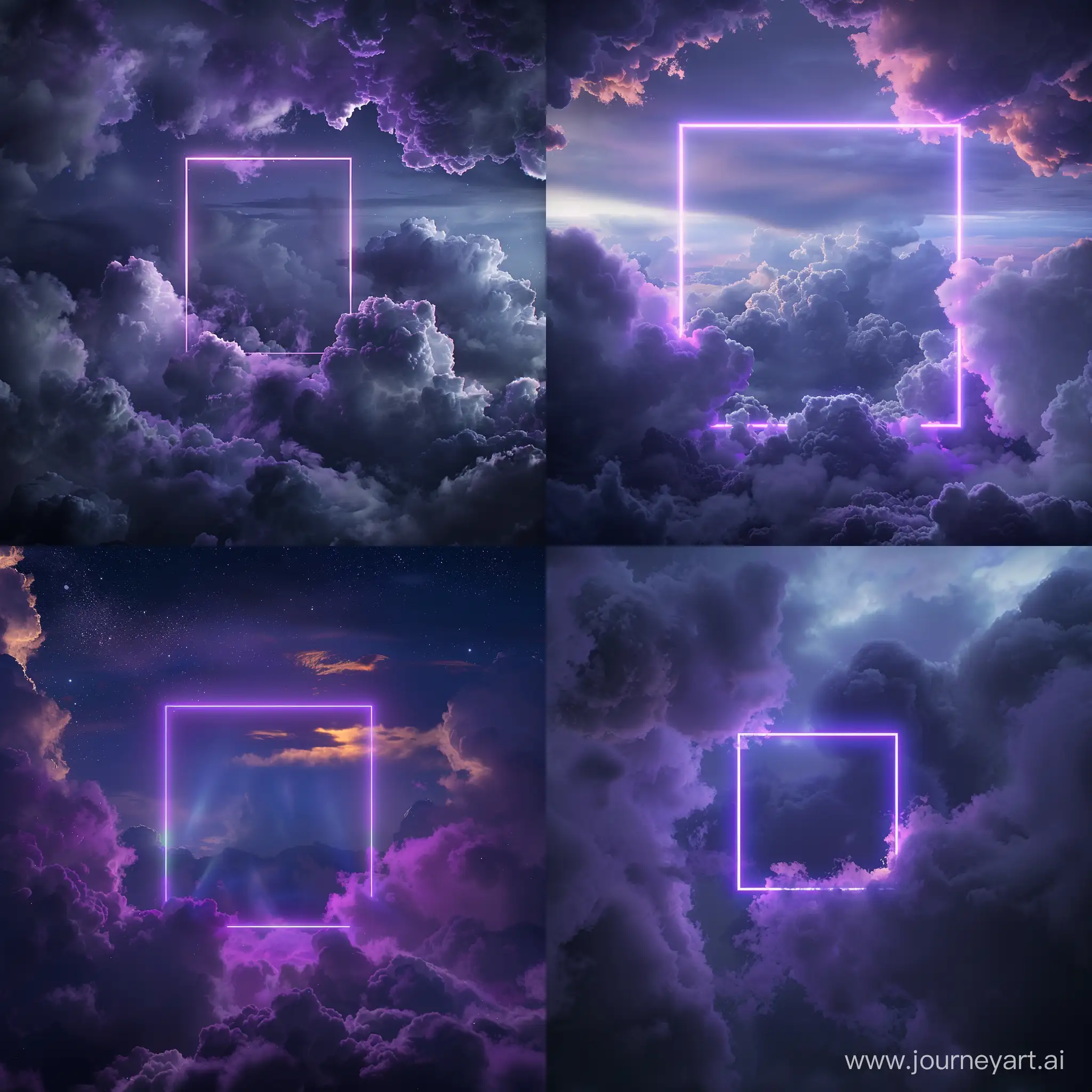 Professional Photography From Cloudy Sky, Neon Purple Square Between Clouds, Night, Realistic Light Reflections, Dreamy Theme, High Quality --v 6.0