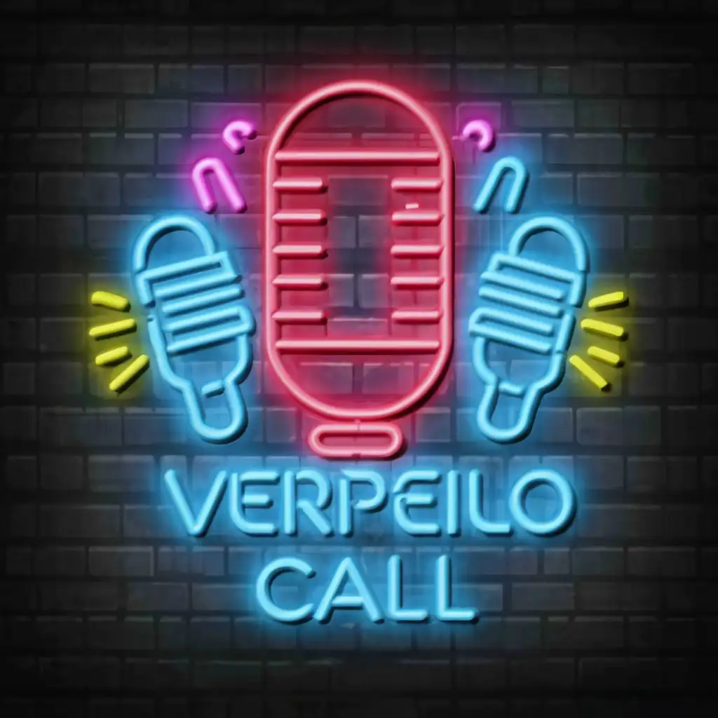 logo, neon front, Microphones in the background, plain background, with the text "Verpeilo Call", typography, be used in Entertainment industry