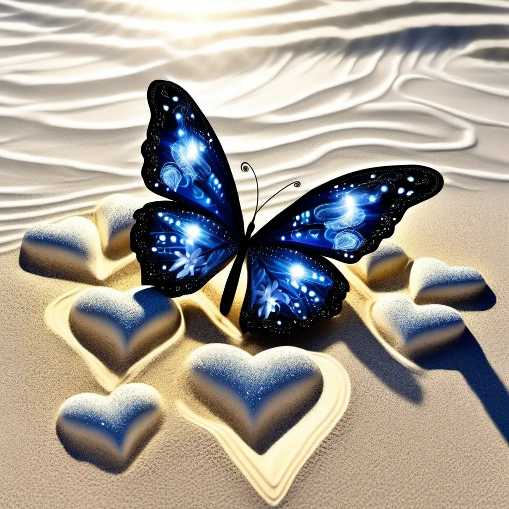 Glitter glowing triple hearts , with  tiger lily flowers, on a sunny white sandy beach, one beautiful delicate lacey glistening butterfly, glitter, gloving, transparent, Navy blue, Black and white