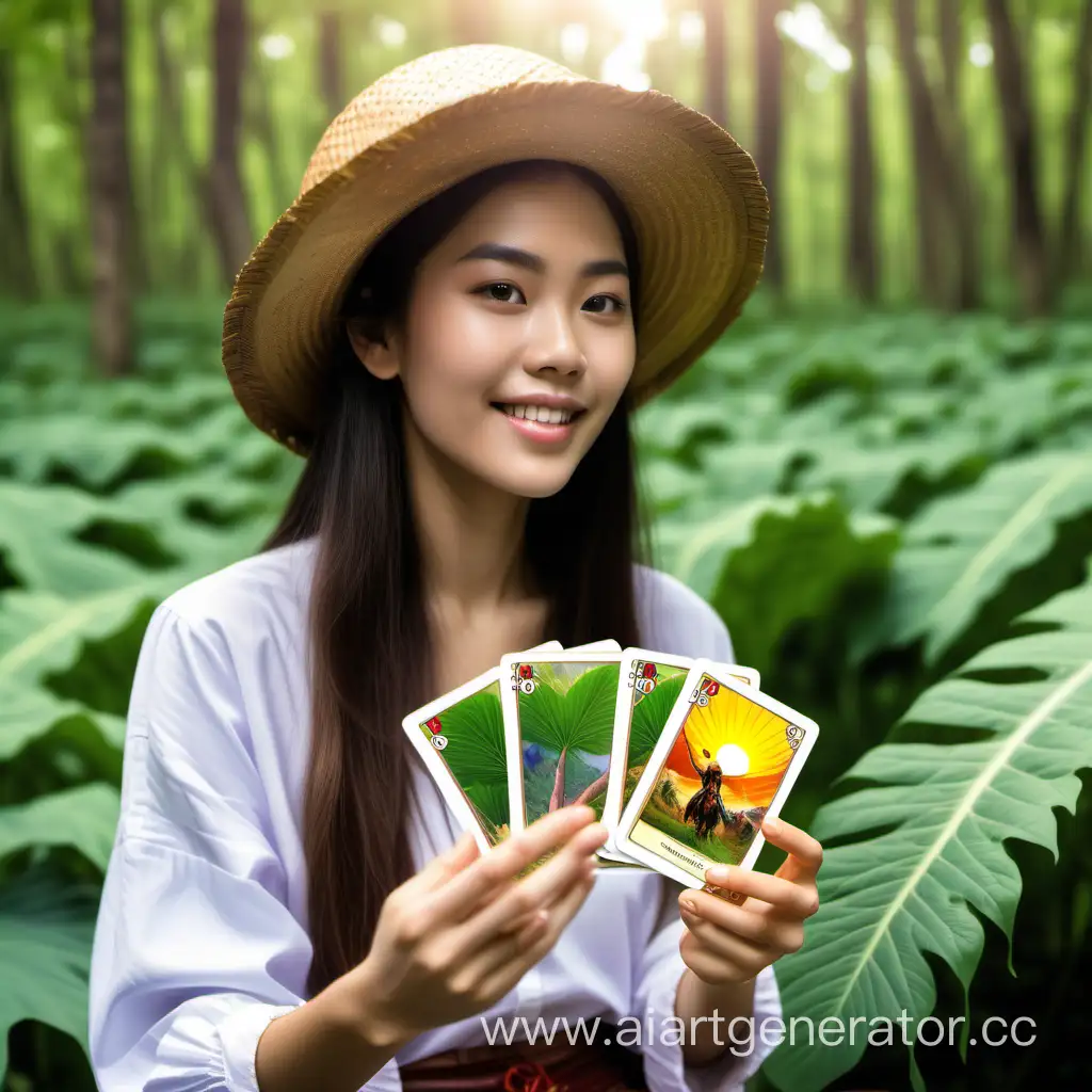 taro young woman magic with Rider-Waite cards with nature background