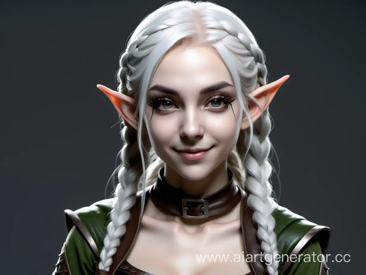 A very thin young pale white-haired elf thief girl with abs, middle length hair, two braids on the sides of the face, smirking.