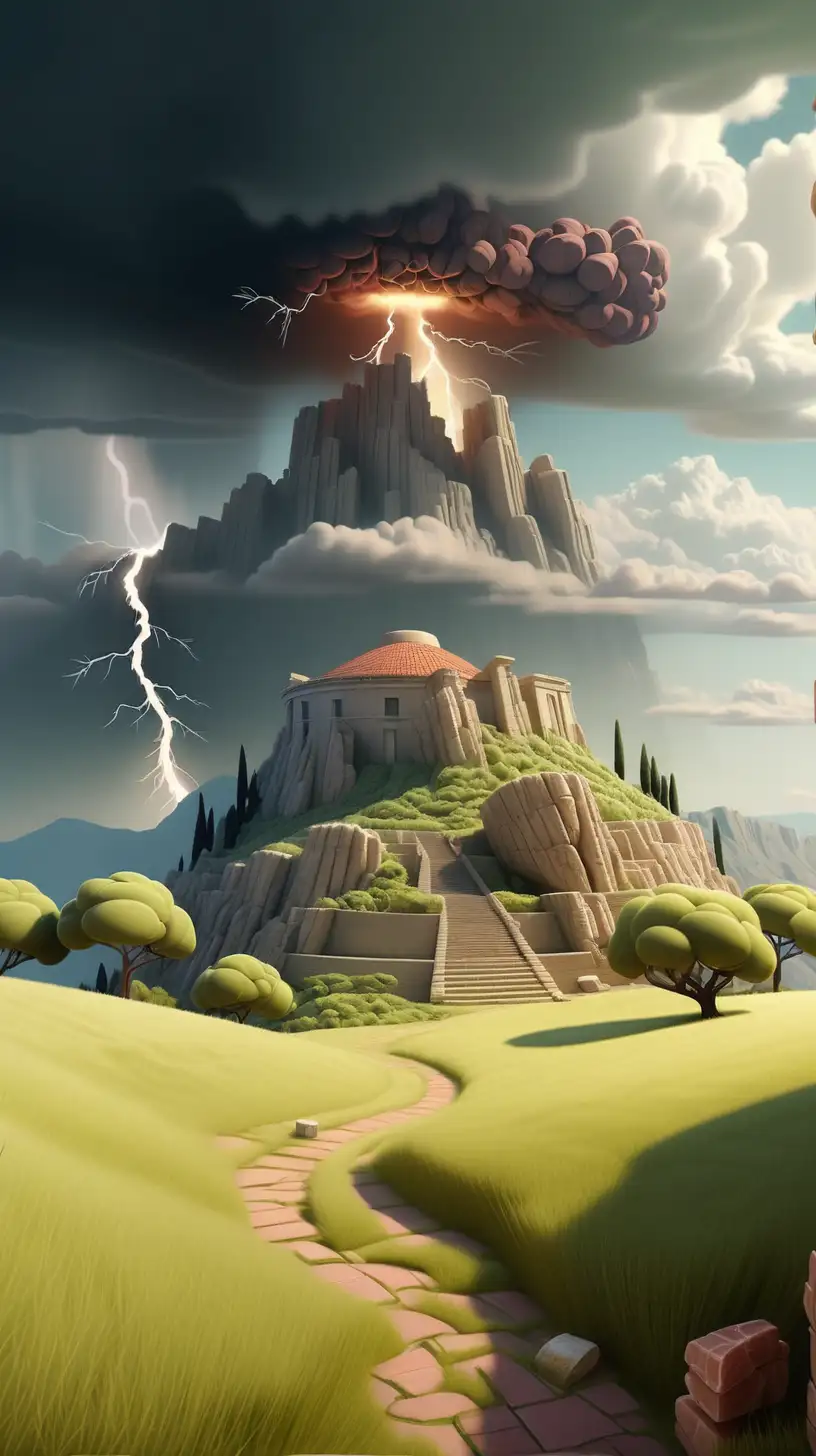 landscape shot of a grassy clearing on a sunny day in ancient Greece with rolling hills, Mount Olympus centered in the background with clouds and lightning surround the top of the mountain, in the style of Wreck it Ralph 