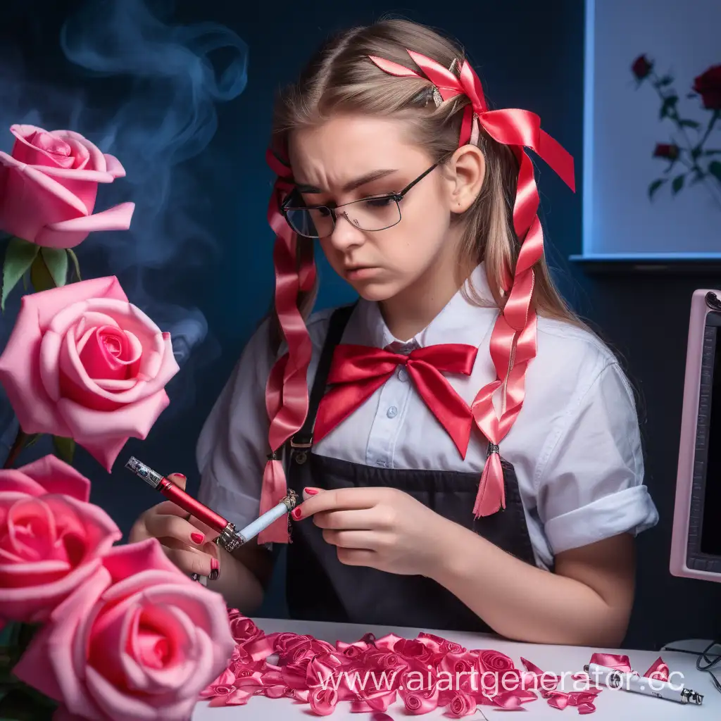 Young-Woman-Creating-Satin-Ribbon-Roses-While-Contemplating-Life-and-Vaping