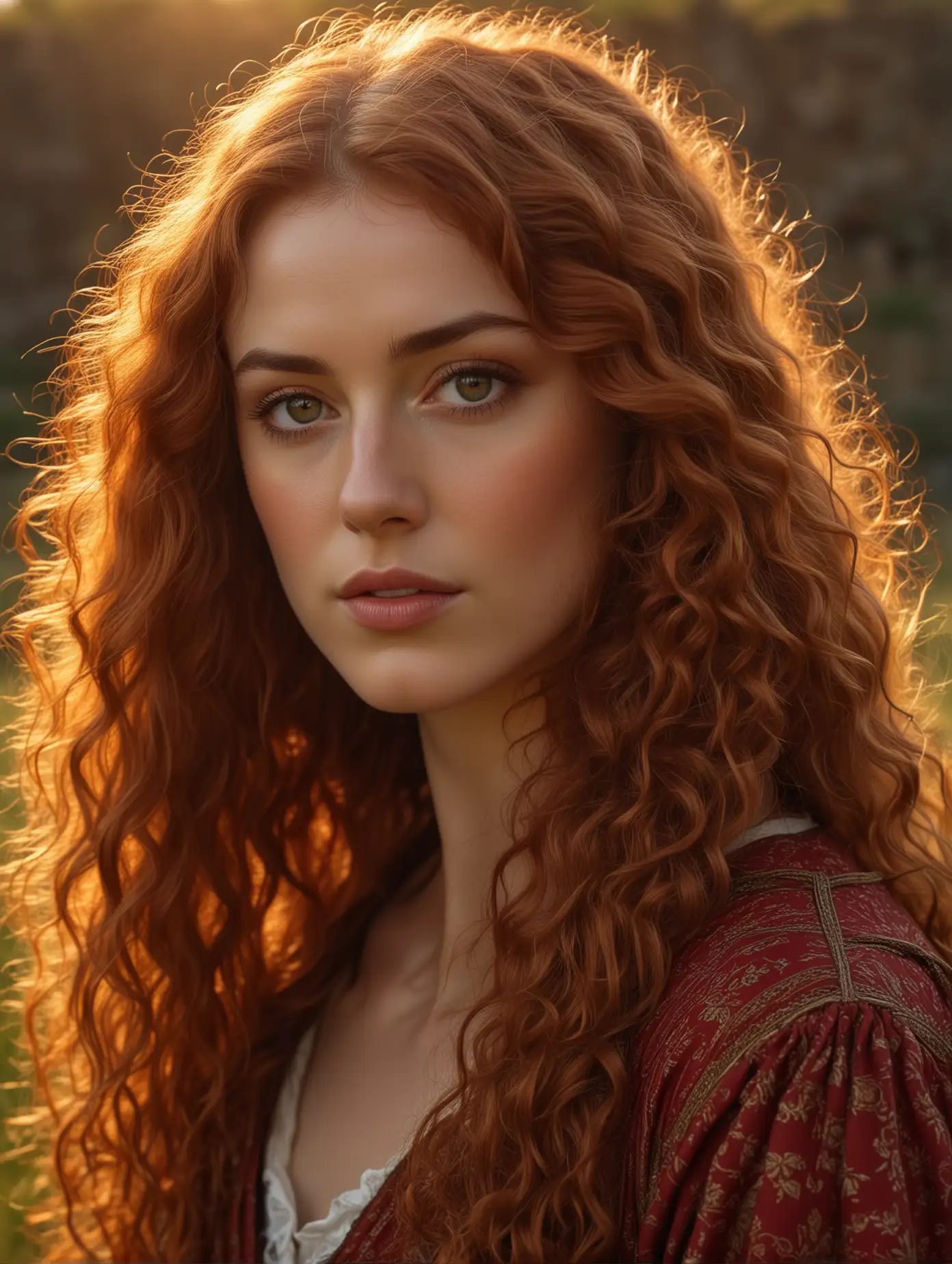 Pre-raphaelite close up portrait, photo by Dante Gabriel Rossetti, masterpiece, exquisite chiaroscuro lighting and composition, 8k, very detailed, high resolution, woman with long curly red hair, simple light brown attire, in a field, castle, sunset, illustration, artstation, concept art, smooth, sharp focus, award winning work