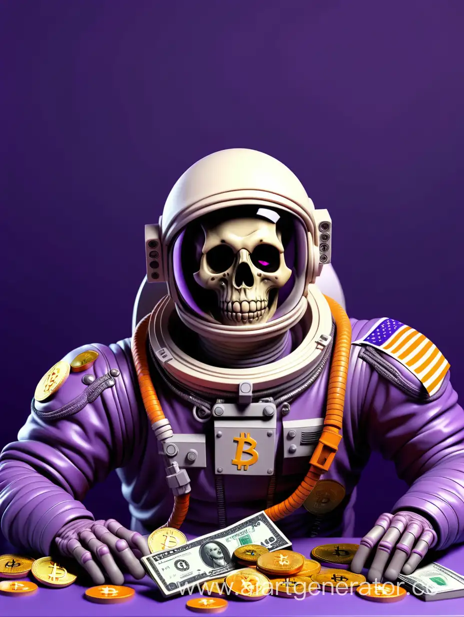 rich dead cosmonaut with bitcoin coins on the table and dollars on a purple background