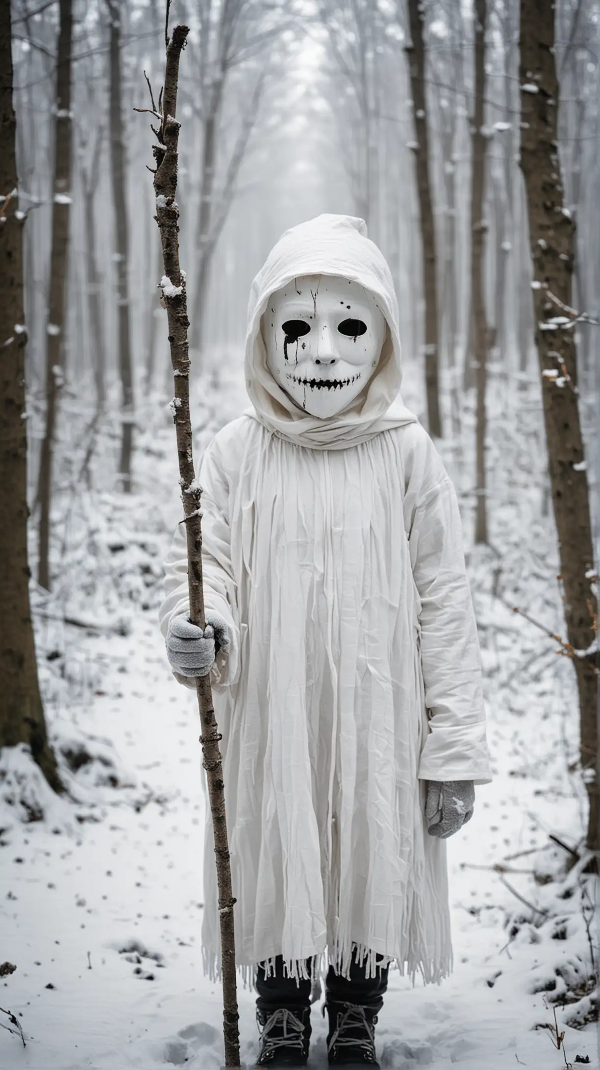 create an image inspired by a incenrraat child in a winter forest,the child is wearing a white creepy mask and is holding a stick 
