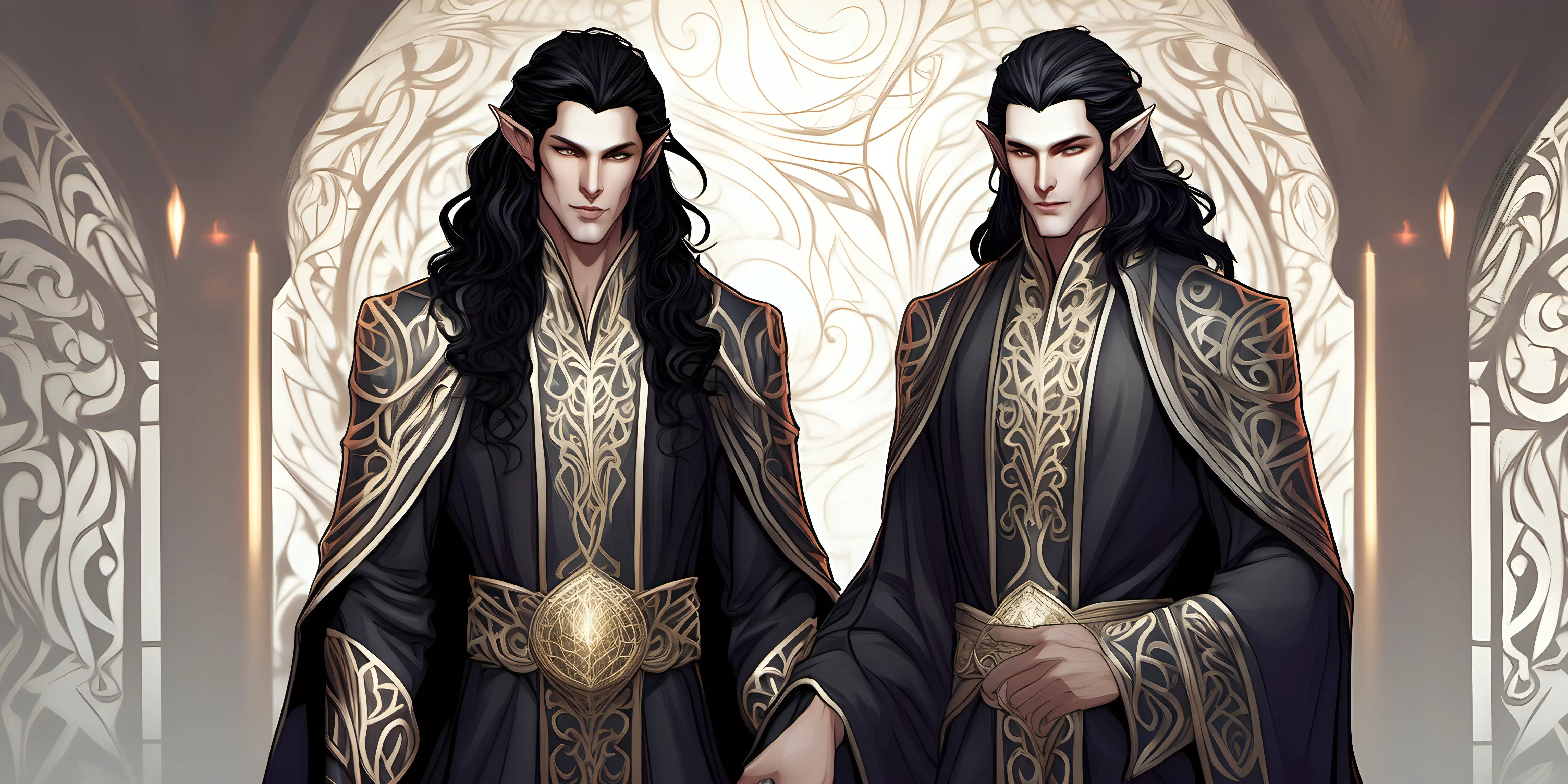 Exotic Male Elf in Intricate Mage Robes with Ebony Black Hair