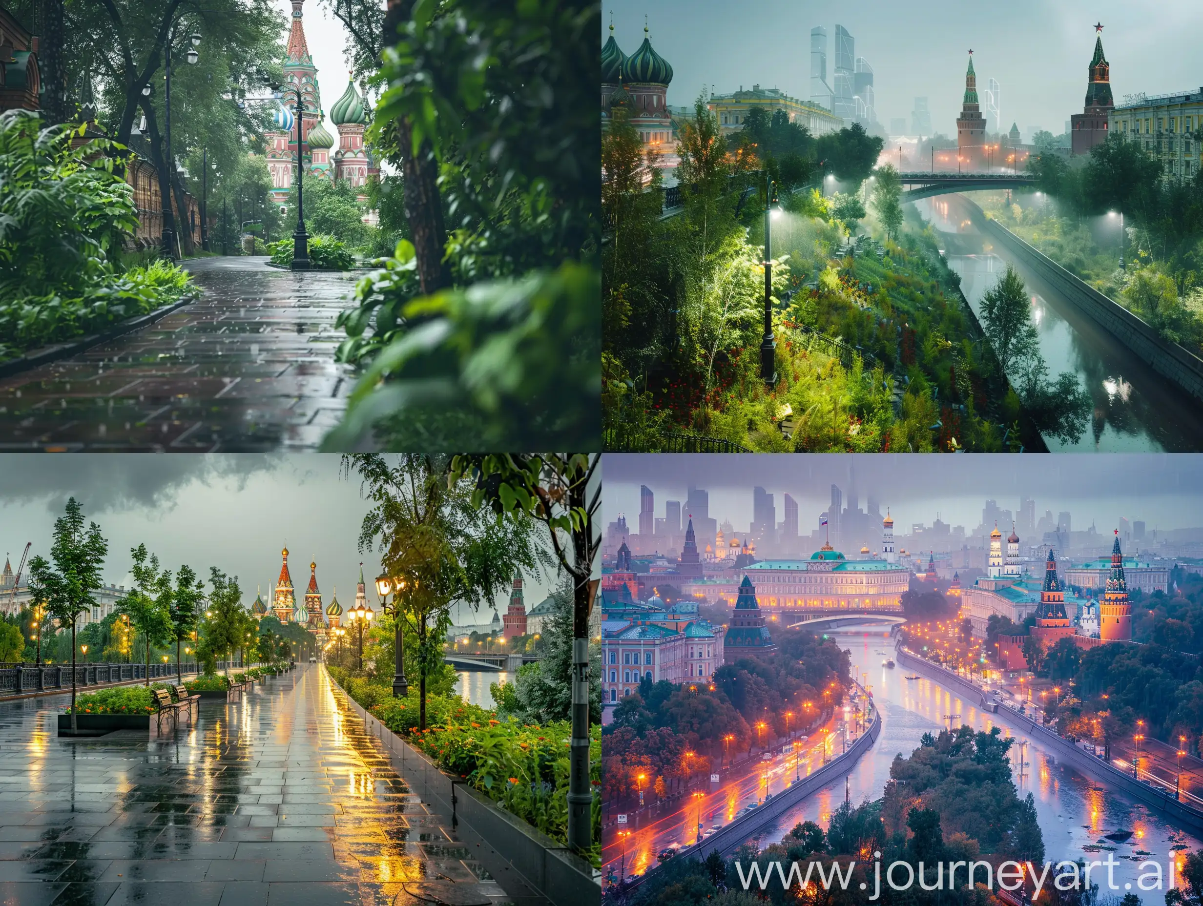 moscow city, soft lighting, daytime, rainy, lush eco system,

