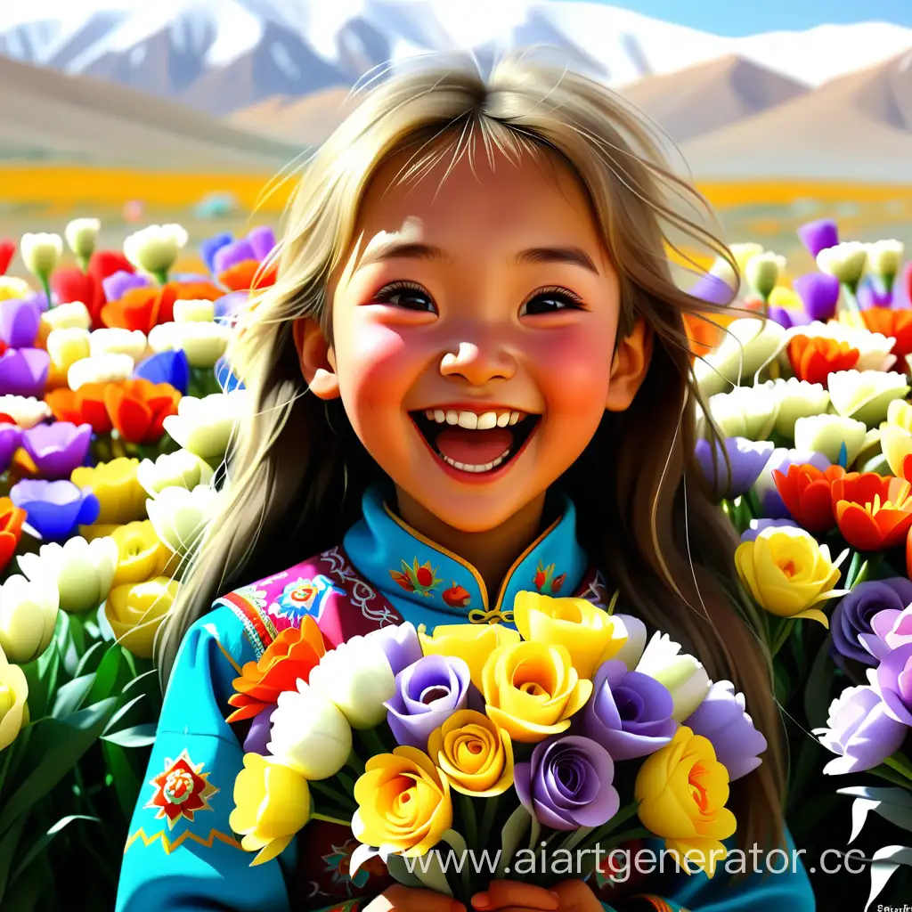 девушка казашка, счастливая, с цветами