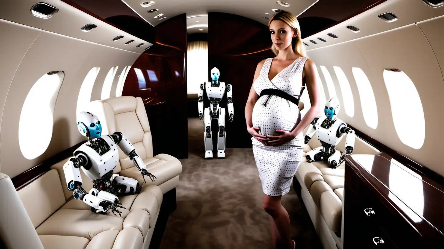Pregnant woman wearing a dress restrained by 
robots on a private jet
 -s10