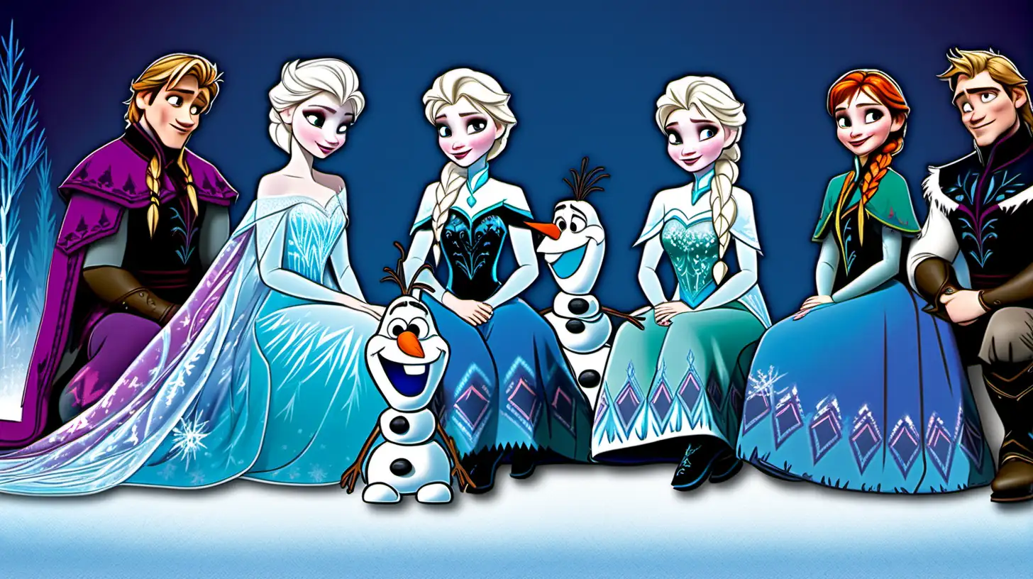 frozen characters sitting in a line side veiw
 

