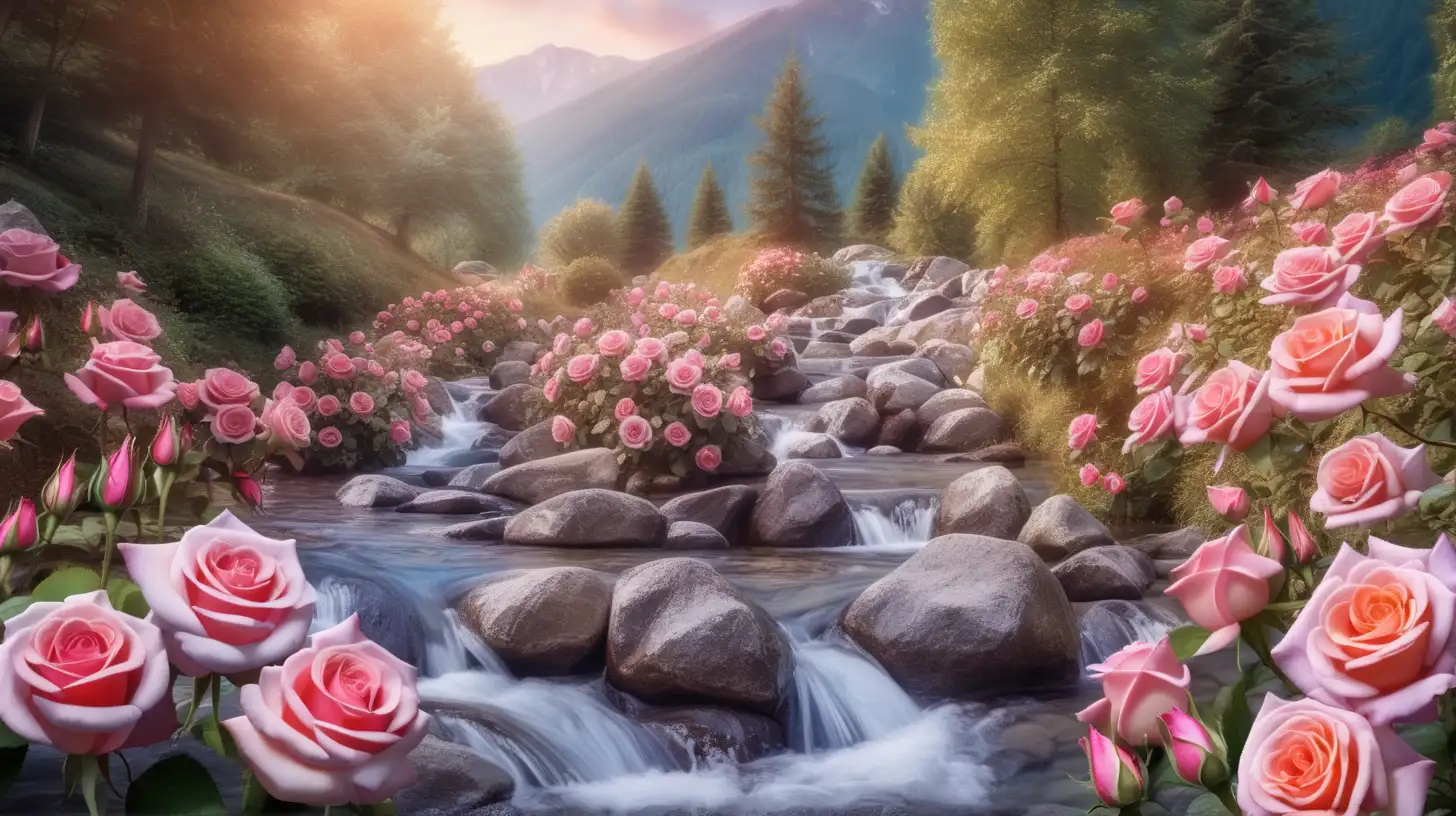 fairytale magical roses at streams in the mountains