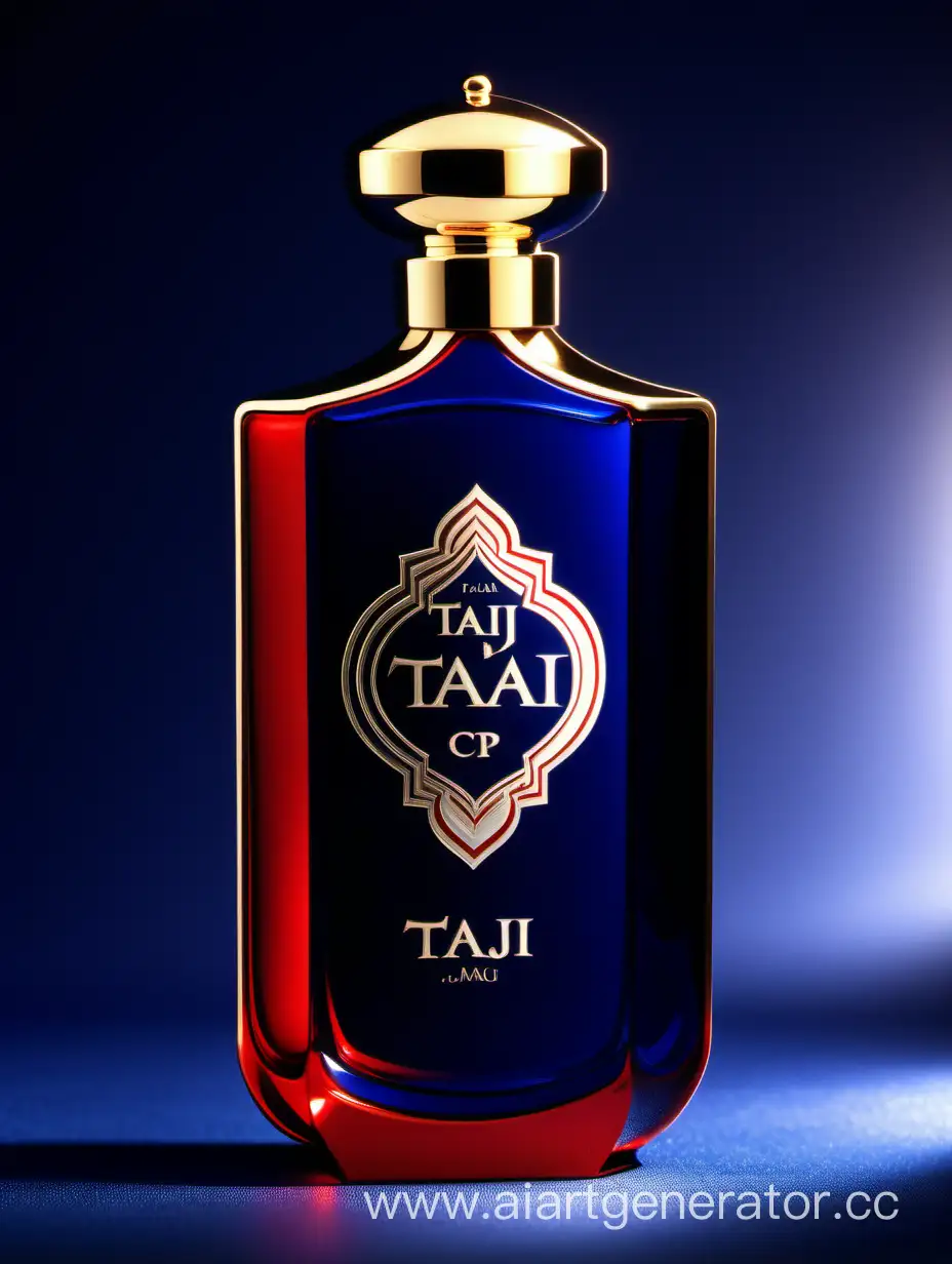 A luxurious Dark Blue Red and white double layers perfume with a elegant zamac cop ((taj text logo))