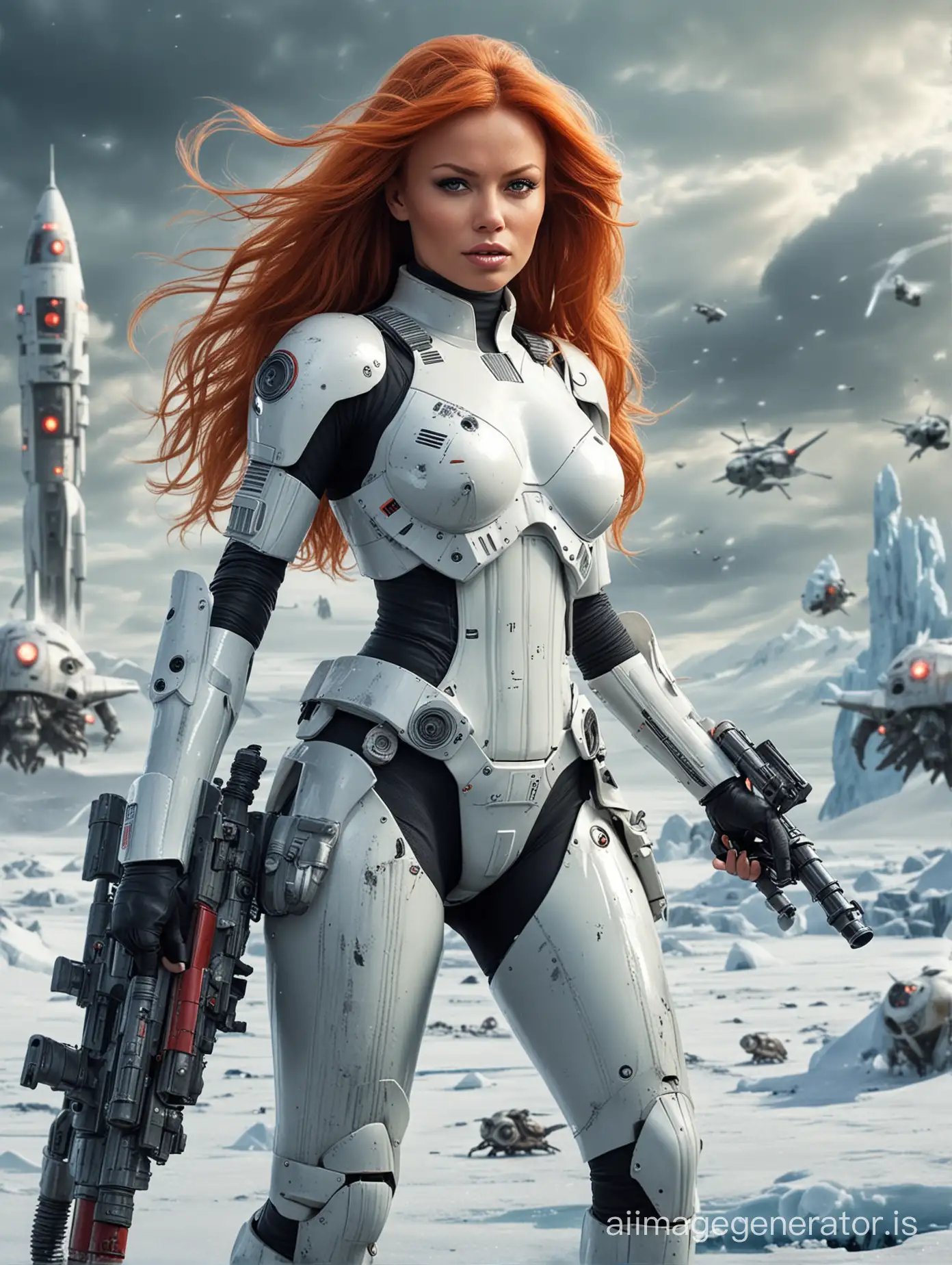 Young Pamela Anderson. full body woman riding a rocket pulled by snails. very long red hair. Stormtrooper armor, outfit, gear, helmet and light saber. Epic background battle with spaceships and troops. frozen arctic background