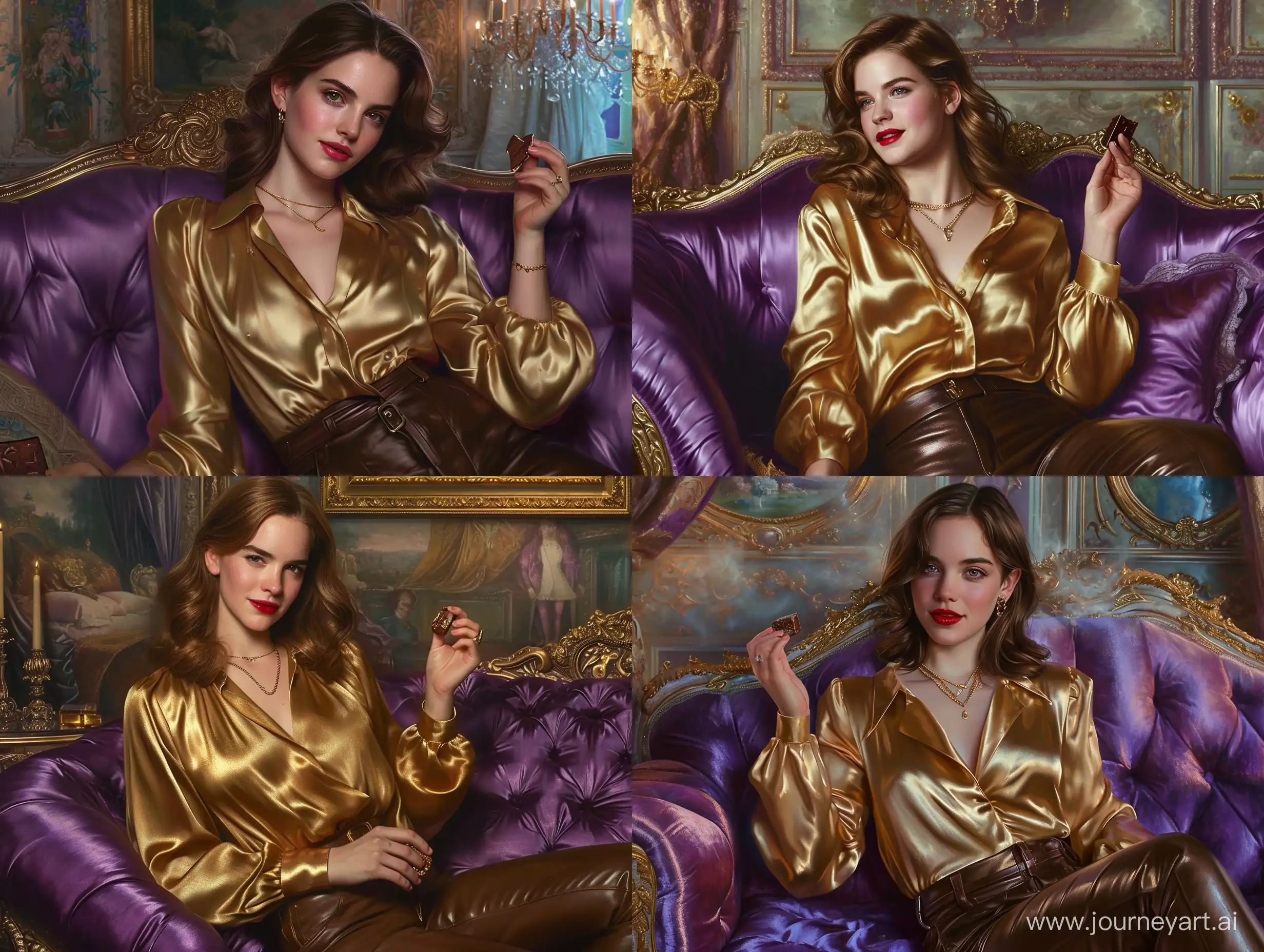 A vision of delightful and happy Emma Watson, with her pretty  hair, shiny red lips, holds a small bit of chocolate in her right hand. She lounges on a luxurious purple plush couch in a lavish bedroom, dressed in a stunning shiny gold satin blouse and sleek brown leather pants. A shining beautiful gold necklace adorns her neck and a sparkling diamond ring adorns her ring finger, adding a touch of elegance to her already stunning appearance.