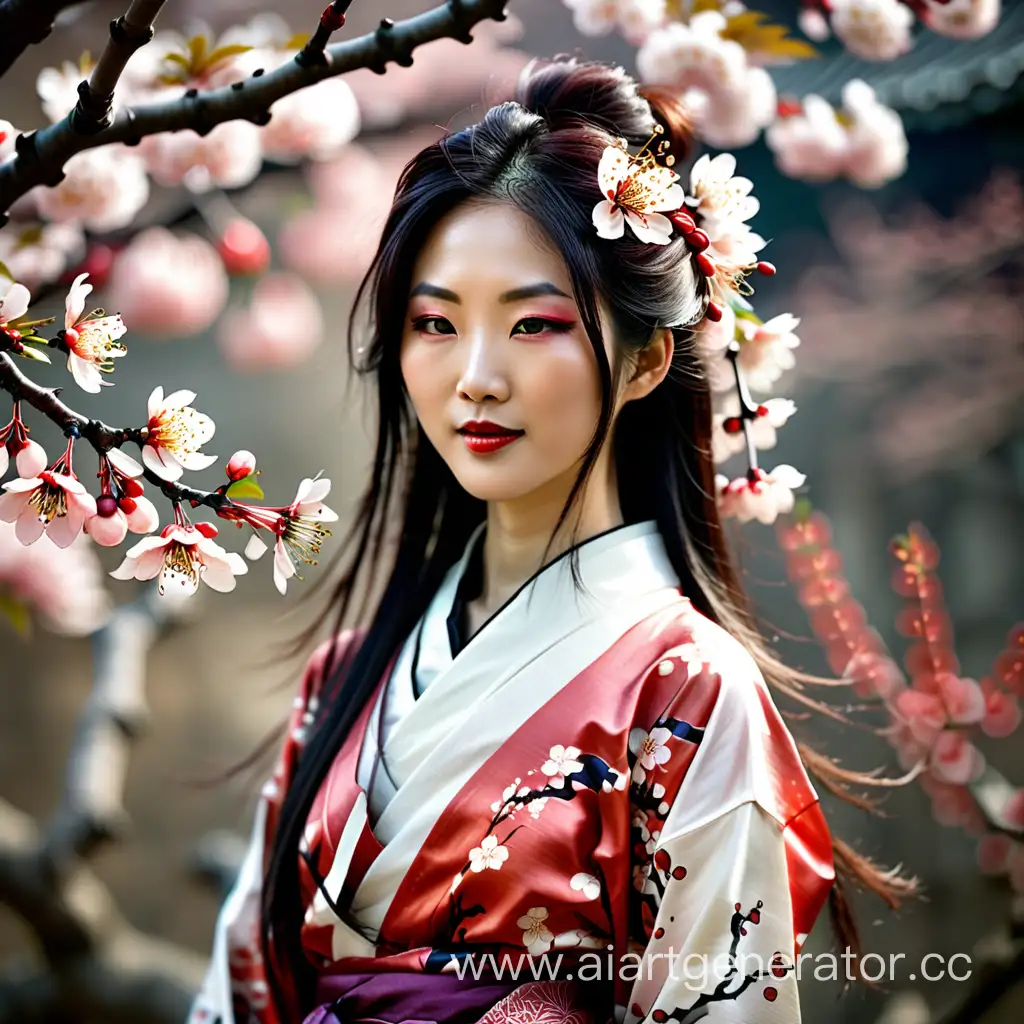 Elegant-Woman-in-Oriental-Style-Admiring-Plum-Blossoms