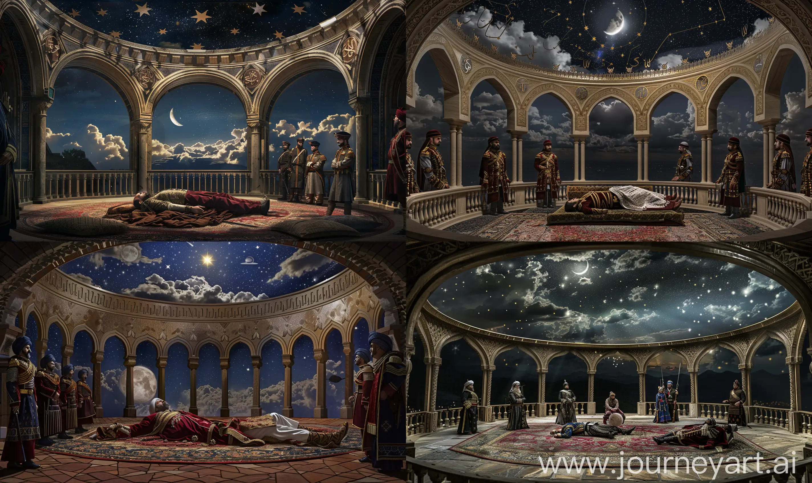 inside of a round isolated hall covered with islamic ceiling, having islamic arched windows around, islamic style baluster at border, a dead prince lying on the persian carpet surrounded by ottoman guards wearing janissary uniform, view of night clouds with star and a moon from arches --ar 25:15 --style raw