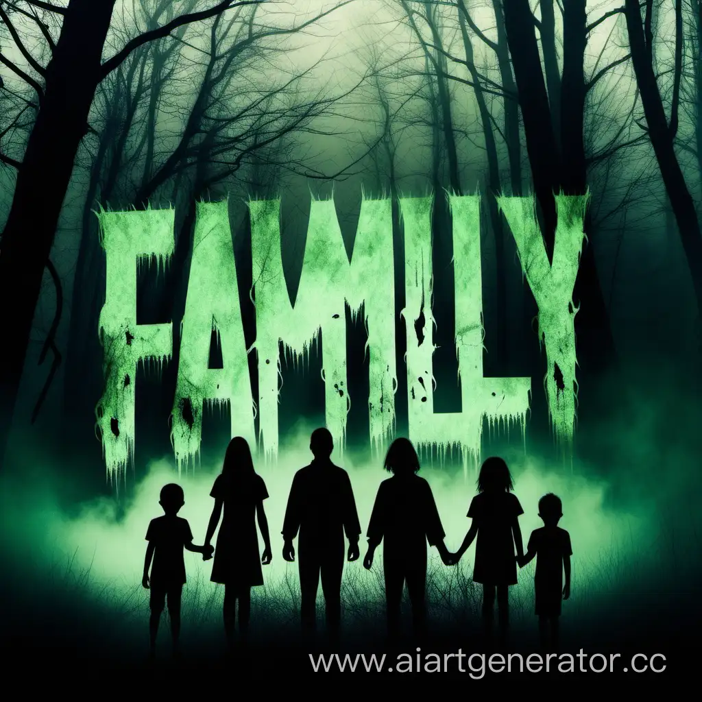 сгенерируй фото с надписью названием фильма ужасов - "семья", с темными силуэтами , ТУМАНОМ , И зеленоватыми оттенками