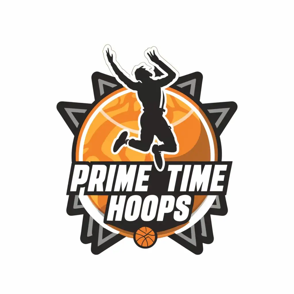 a logo design,with the text "Highlight Maker Hoops: Prime Time!", main symbol:Basketball player shooting a basketball towards a hoop,Moderate,be used in Sports Fitness industry,clear background