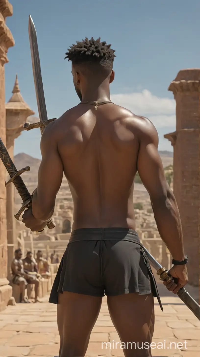 Tarot card, hot shirtless black man from behind, holding two swords, looking at another hot man in distance who also holds swords