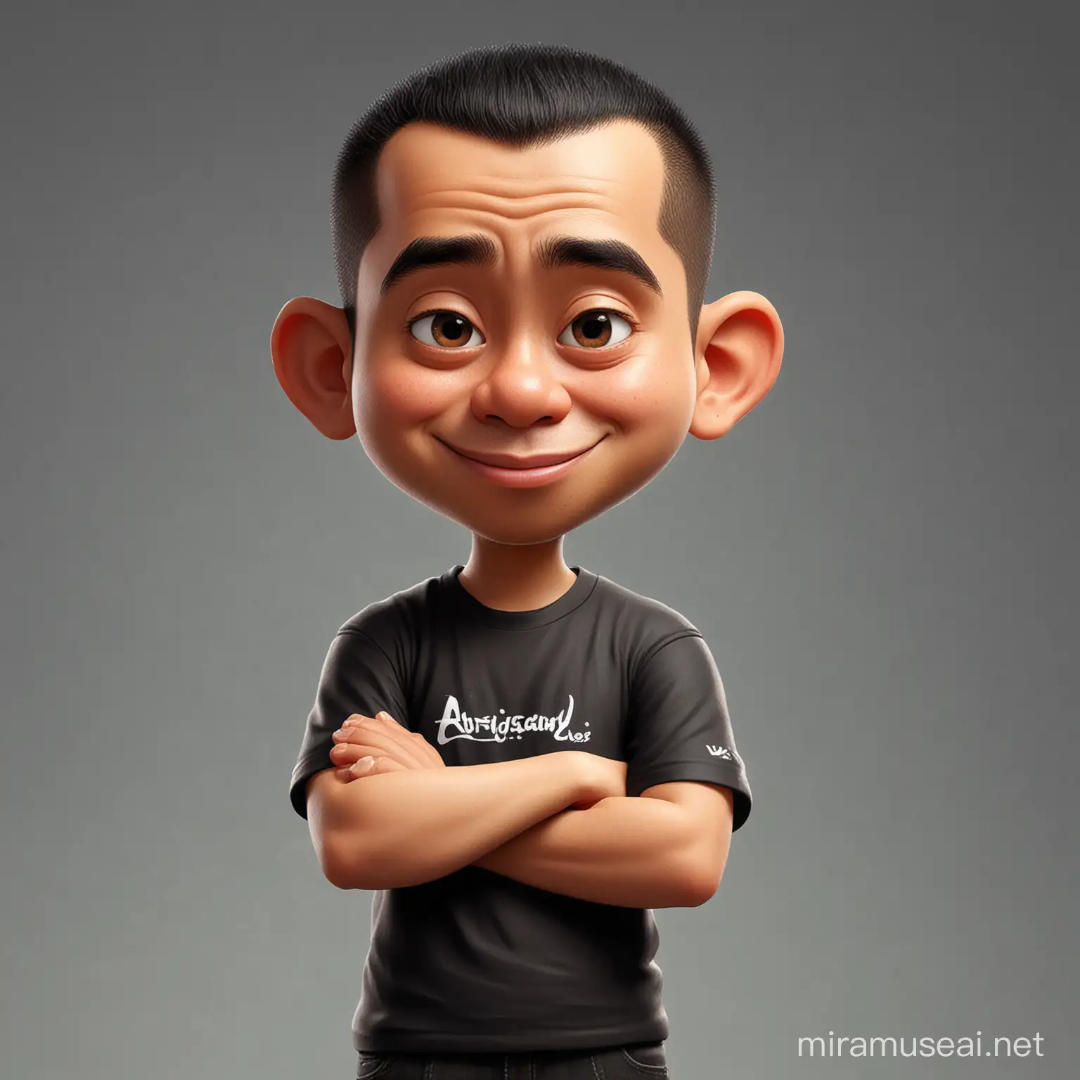 A caricature of an indonesian man wearing black t-shirt, miniature, pixar style, buzz cut