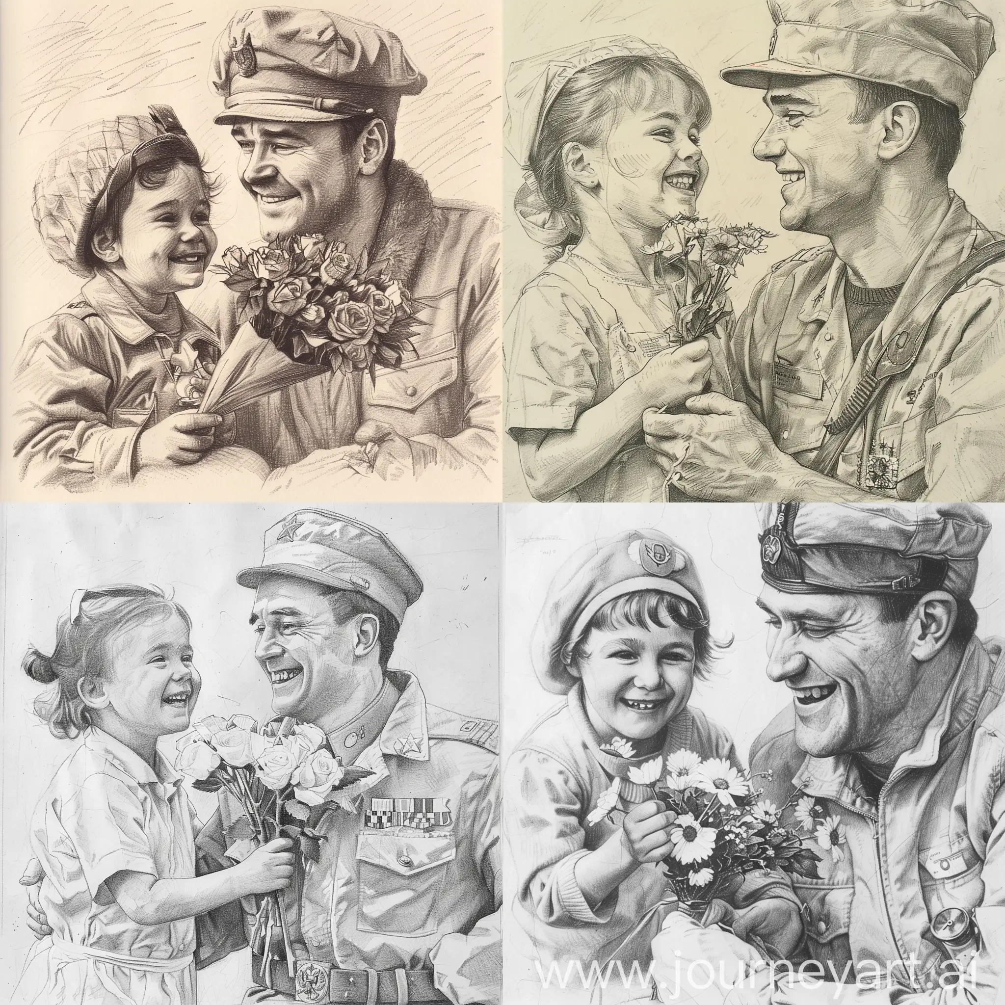 Child-Presenting-Flowers-to-Smiling-Military-Doctor-Russian-Holiday-Postcard-Art