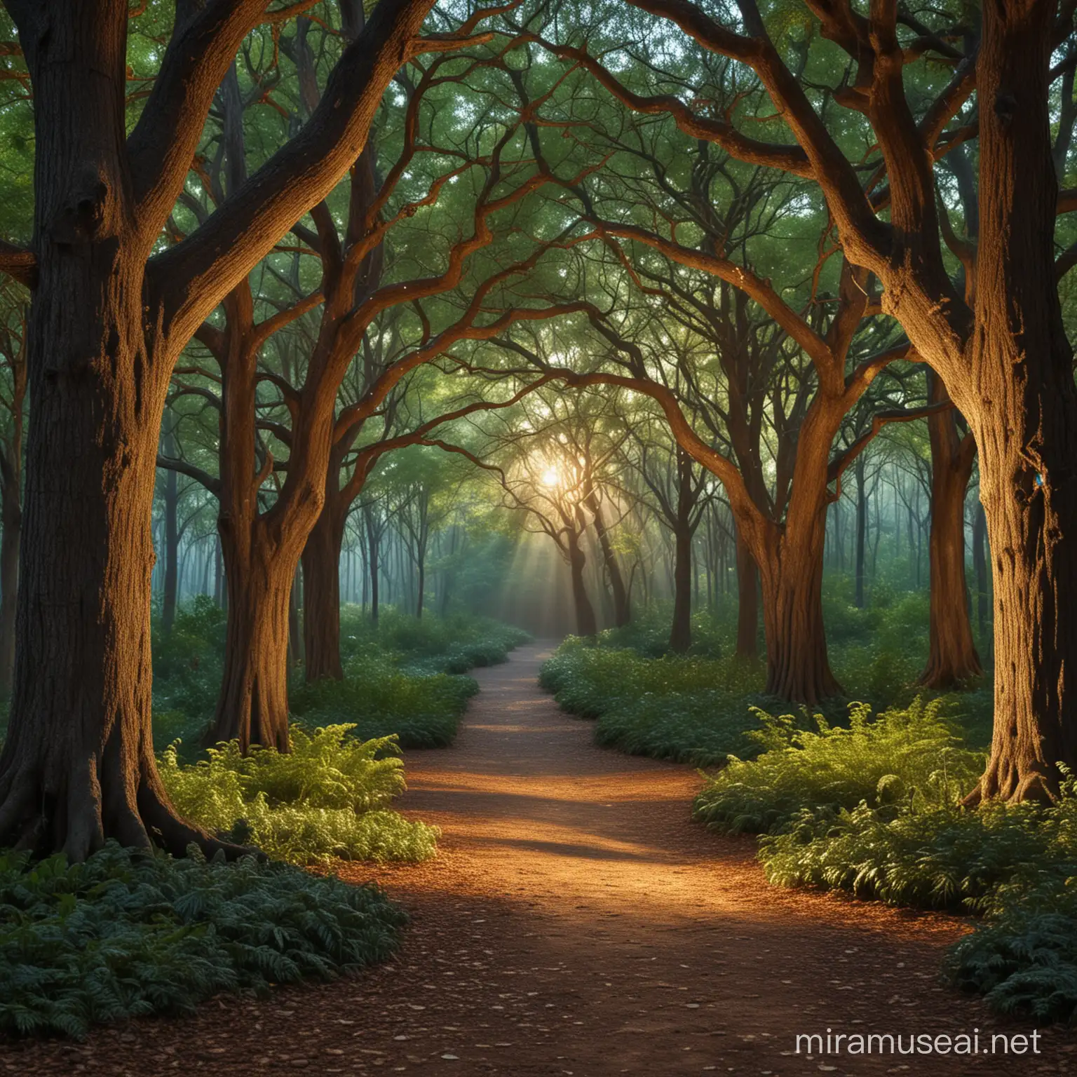 Mystical Mosaic Forest with Sunbeams Through Giant Oaks