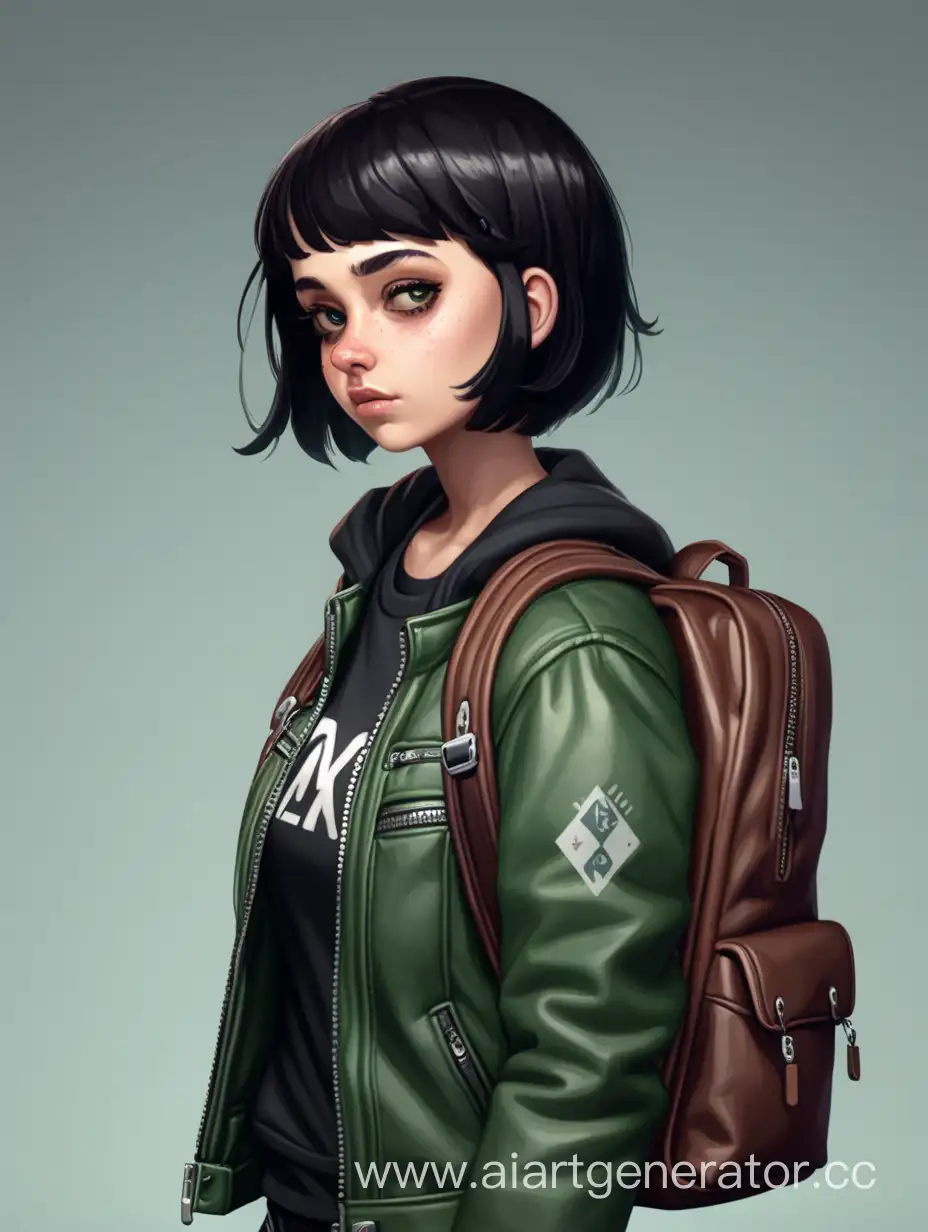 Project zomboid. Девушка с короткими чёрными волосами, в кожаной куртке, с альпинистским рюкзаком зелёного цвета.