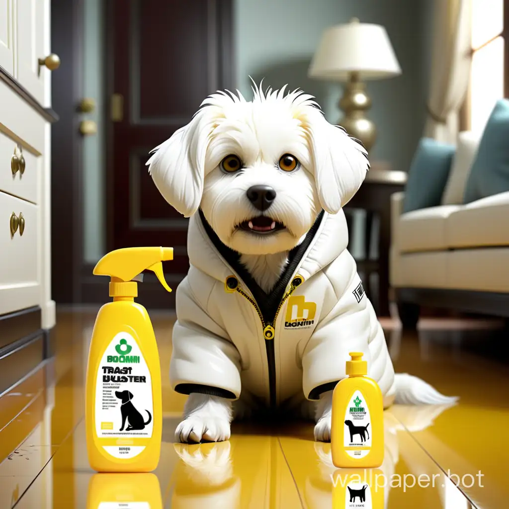 TRASH BUSTER urine odor remover, yellow trigger bottle, Biohim logo on the bottle, White dog in a jacket, beautiful room, mandarin fruit scent, polished floors