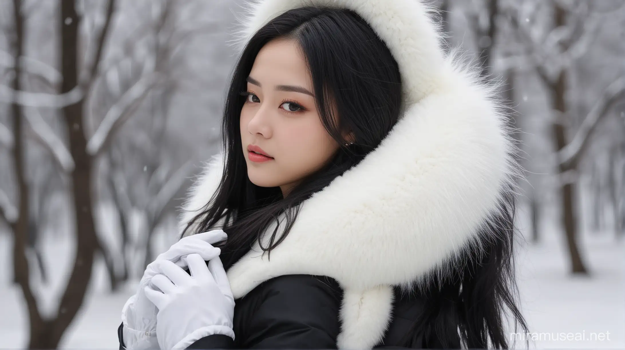 Elegant Woman in Snow White Fur Collar Down Jacket and Winter Accessories