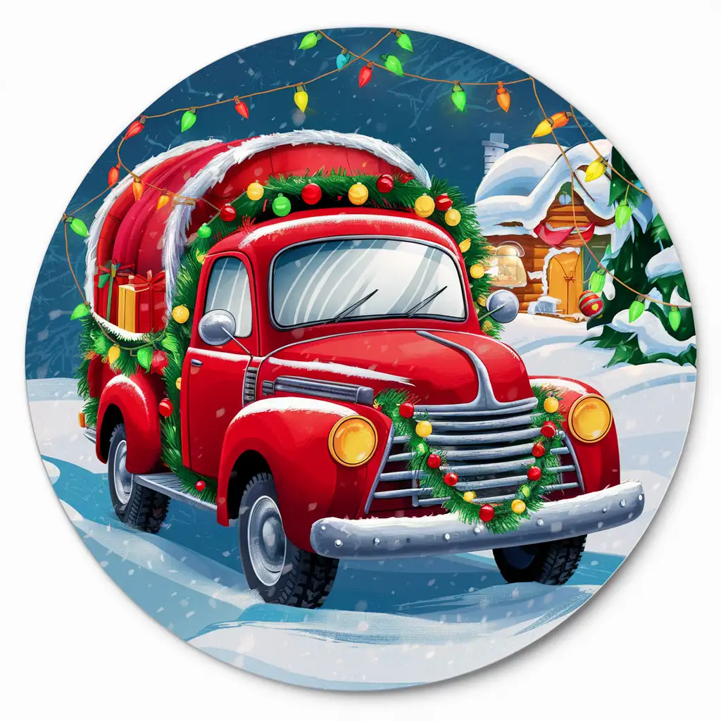 circular christmas design with red truck

