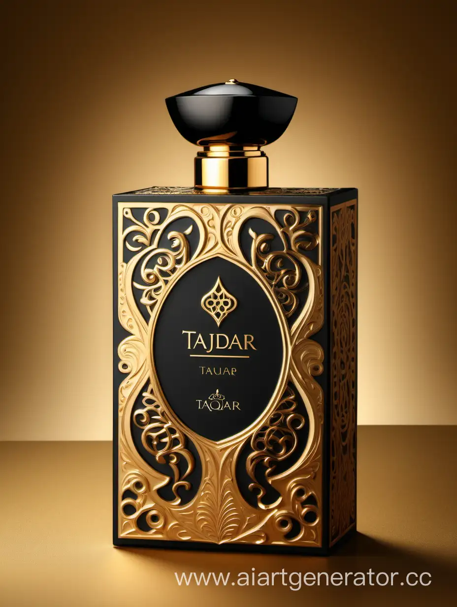 Box package design of perfume TAJDAR product, elegant, trending on artstation,   sharp focus,   studio photo,   intricate details,   highly detailed,   gold, Royal black and beige color on gold background