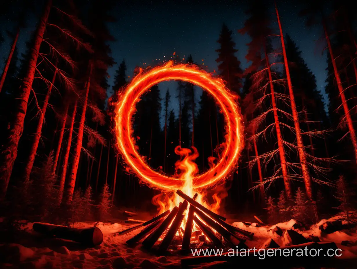 Над костром в воздухе висит огненный круг-портал с сиянием и искрами, внутри круга красное облако и огонь в таёжном лесу, тёмной ночью 8к  