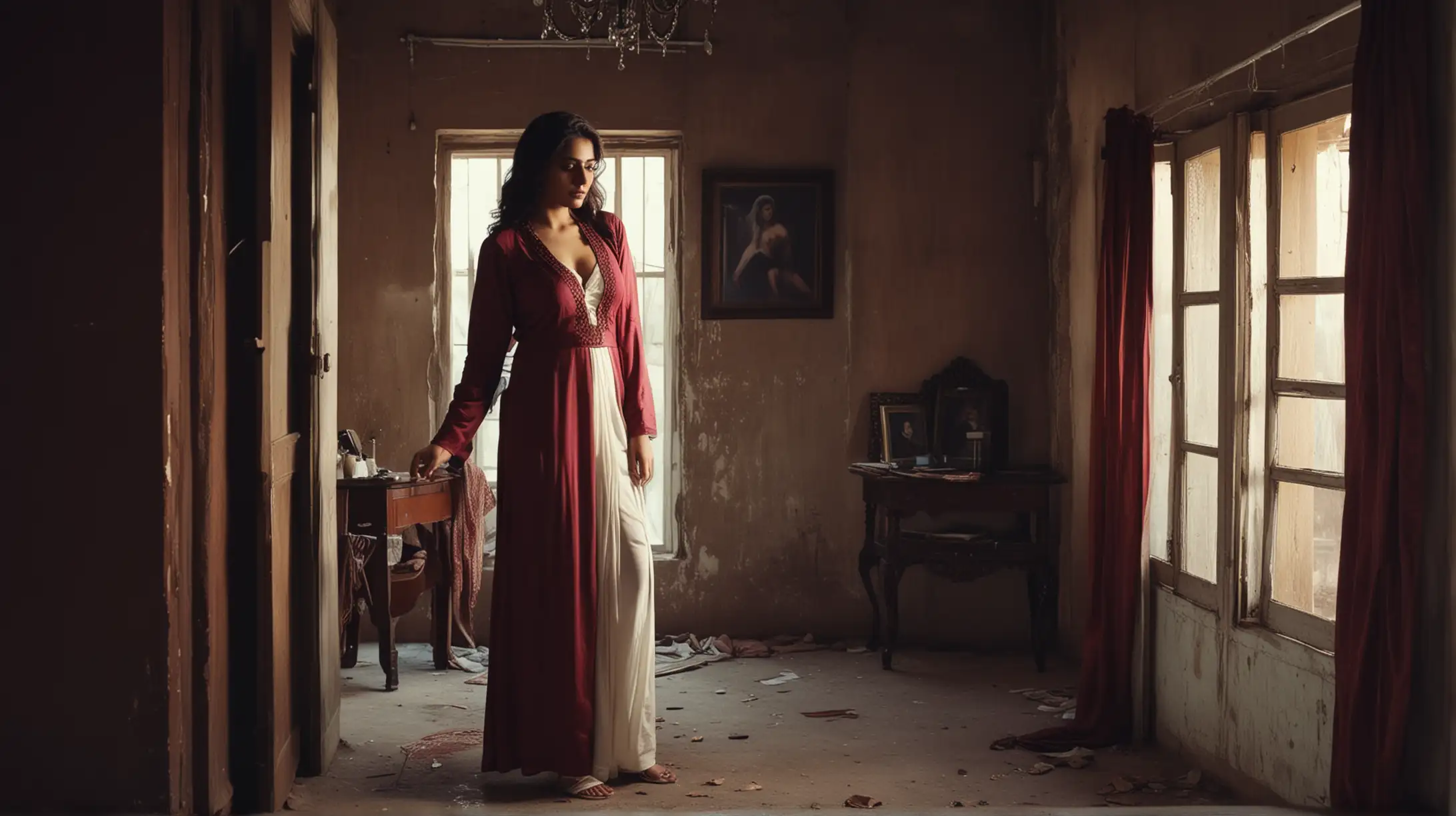 hot and sexy Pakistani girl in maroon color kameez standing inside her dusky old room with window, cleavage. Old fat man wearing white dress is standing next to her holding her shoulder. Neo Noir style, cinematic