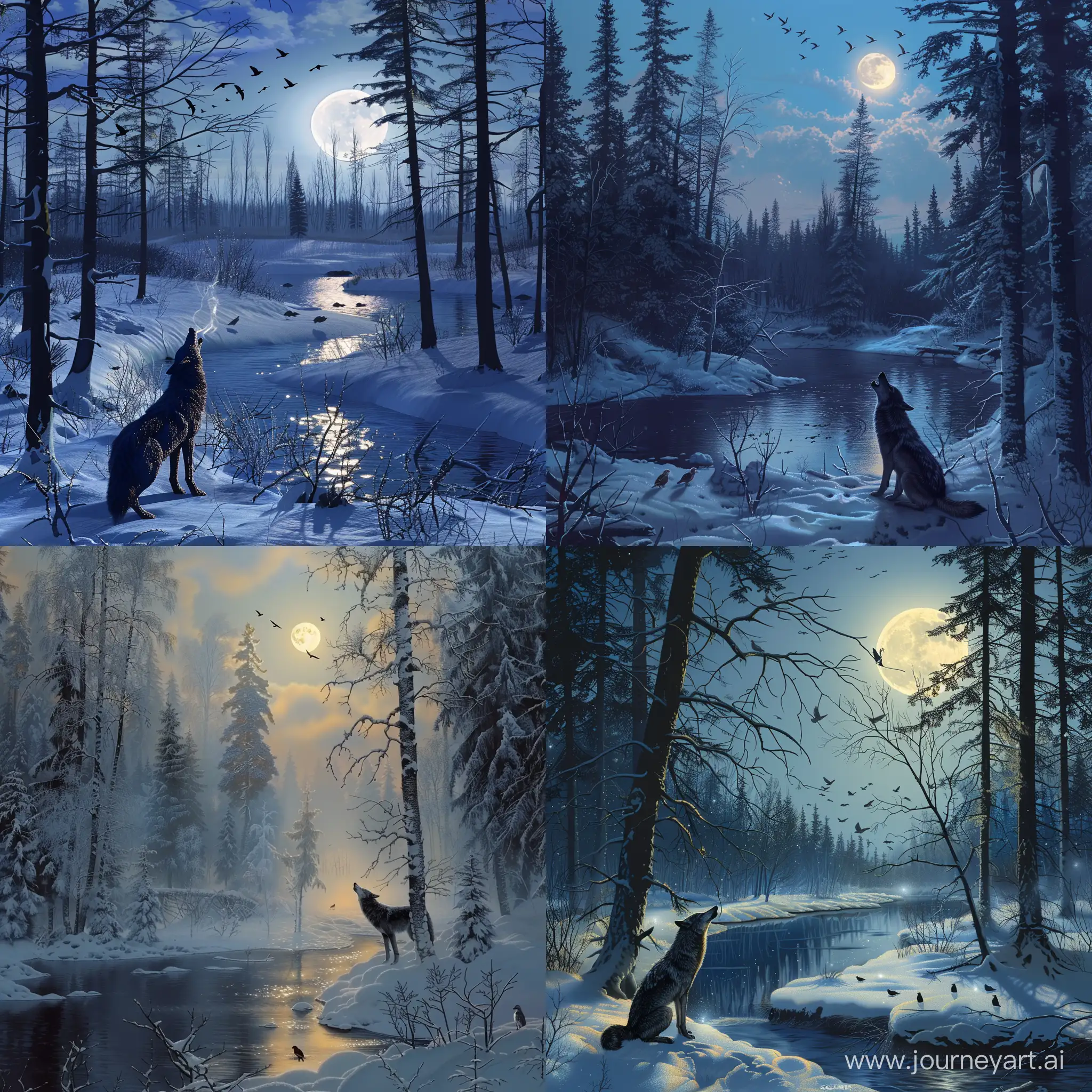lonely forest, a lone wolf howls at the bright moon, Siberian night, taiga, winter, river, birds, HD size 1920 by 1080 --v 6 --ar 1:1 --no 83236