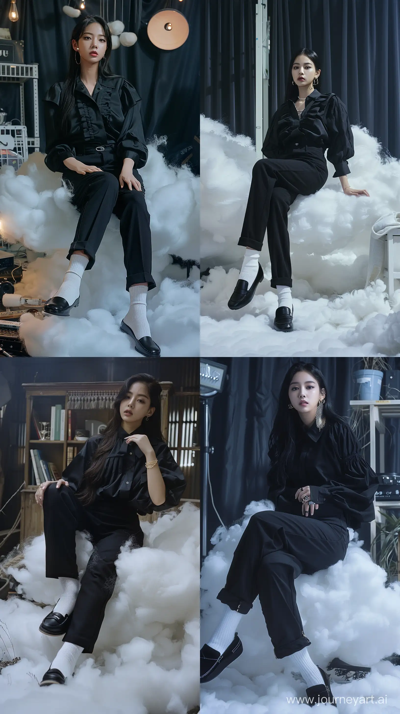 High resolution fashion photo of jennie blackpink's full body shot, wearing black pants and black oversizef blouse with black loafer shoes and white sock sit on cloud,night time studio set ,vogue megazine, black hair,minimalism accessories,in the style of jennie, mysterious nocturnal scenes,fuji film, album covers, flickr --ar 9:16 --style raw --stylize 250 --v 6