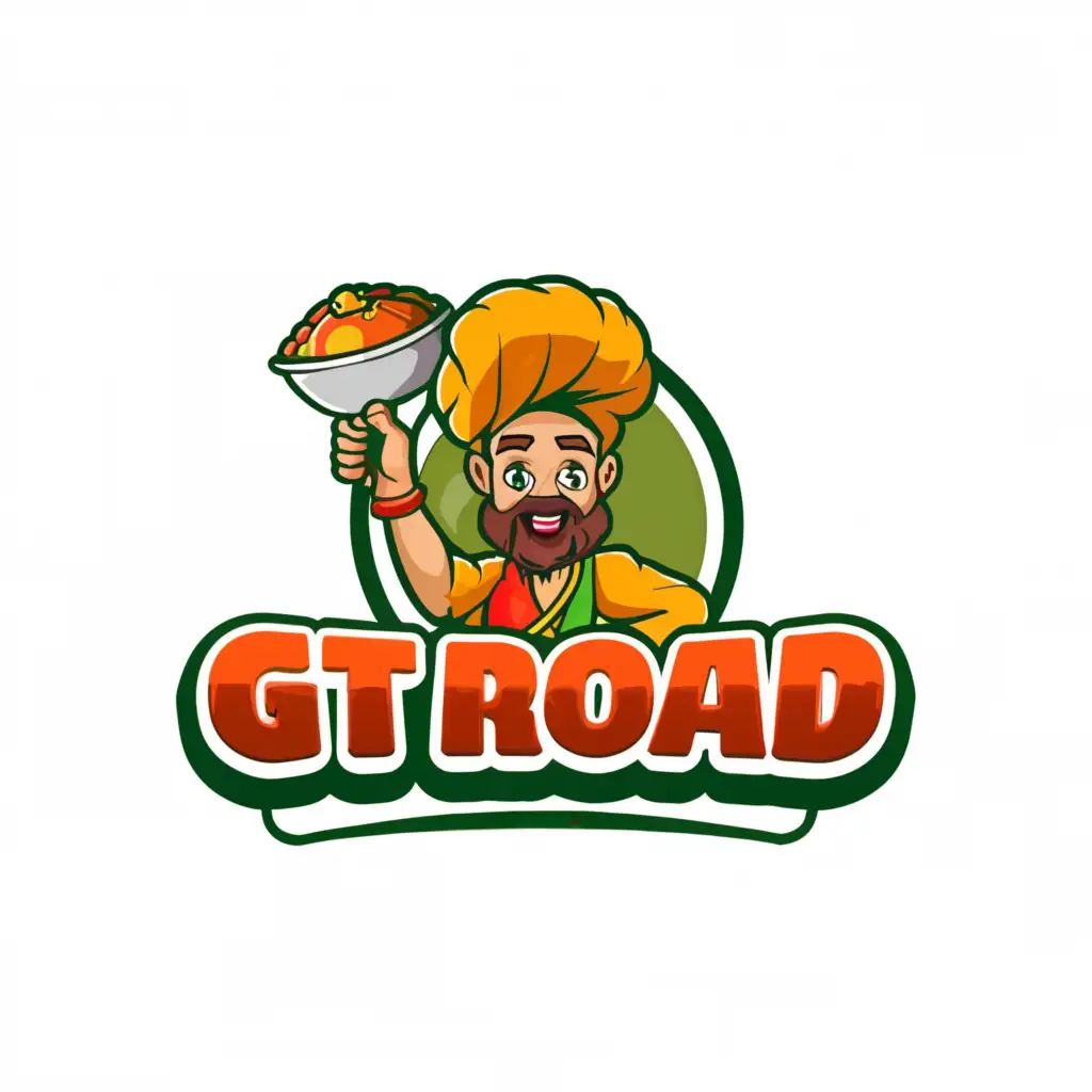 a logo design,with the text "GT ROAD", main symbol:logo for Pakistani fast food logo includes man cartoon character images and colors red, green, yellow, and blue,Minimalistic,clear background