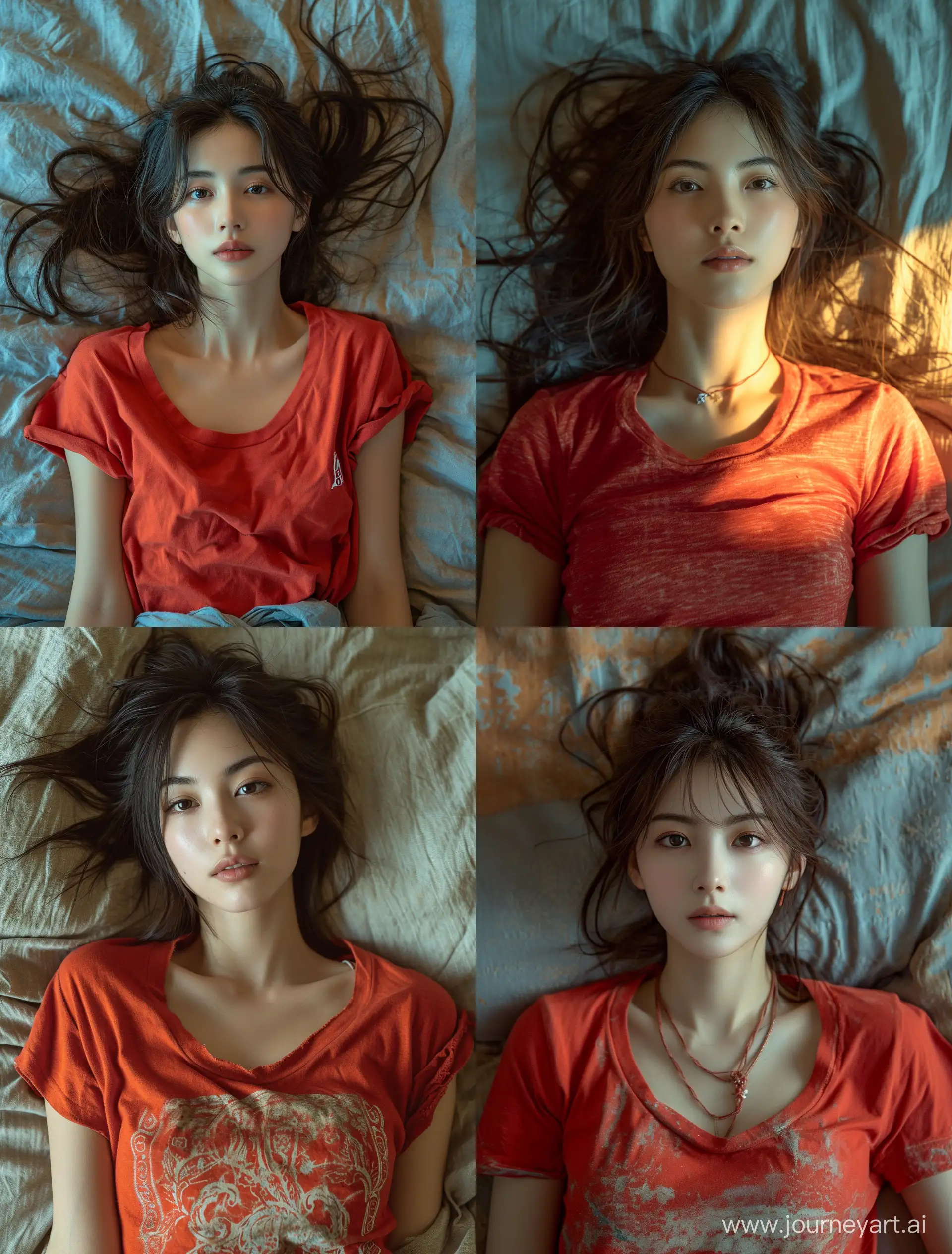 asian woman laying on a bed in red on t shirt, in the style of karol bak, uniformly staged images, shilin huang, 32k uhd, dark amber and gray --ar 71:93 --stylize 750 --v 6