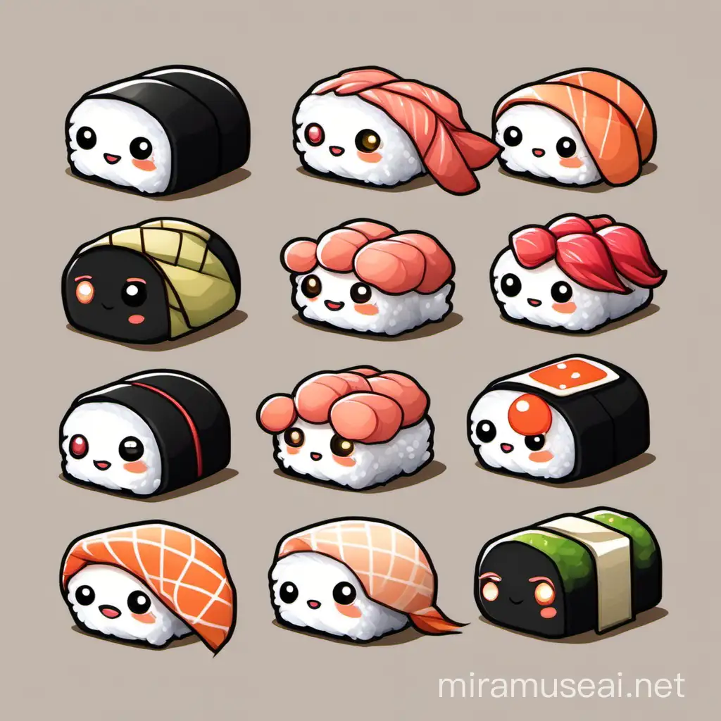 Cute Chibi Style Sushi Characters on a Vibrant Platter
